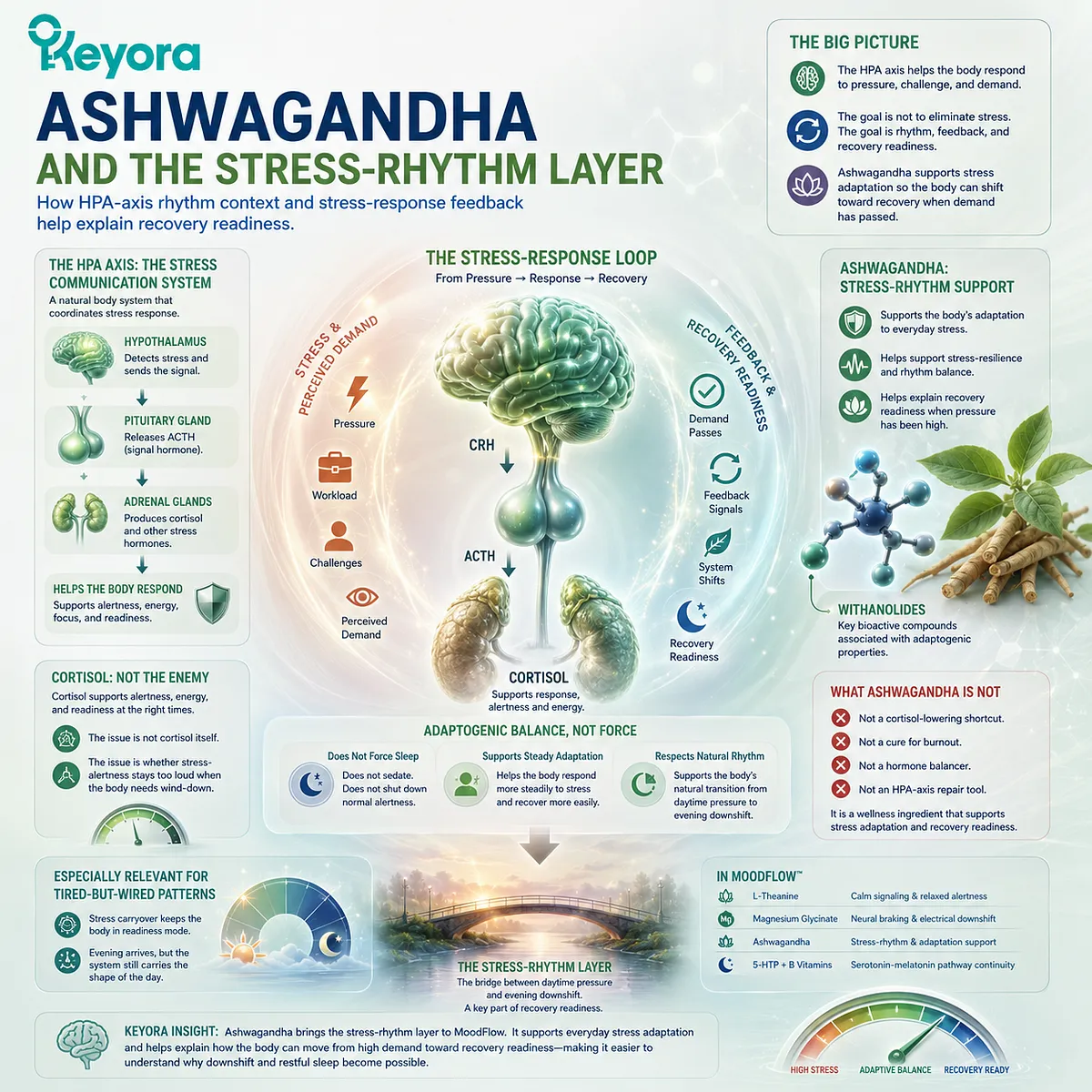 Ashwagandha for stress-driven tired-but-wired patterns supports recovery readiness through HPA-axis rhythm context, stress-response feedback, and withanolide-related adaptogenic support within the Keyora MoodFlow Matrix. Ashwagandha for stress-driven tired-but-wired patterns supports recovery readiness through HPA-axis rhythm context, stress-response feedback, and withanolide-related adaptogenic support within the Keyora MoodFlow Matrix.