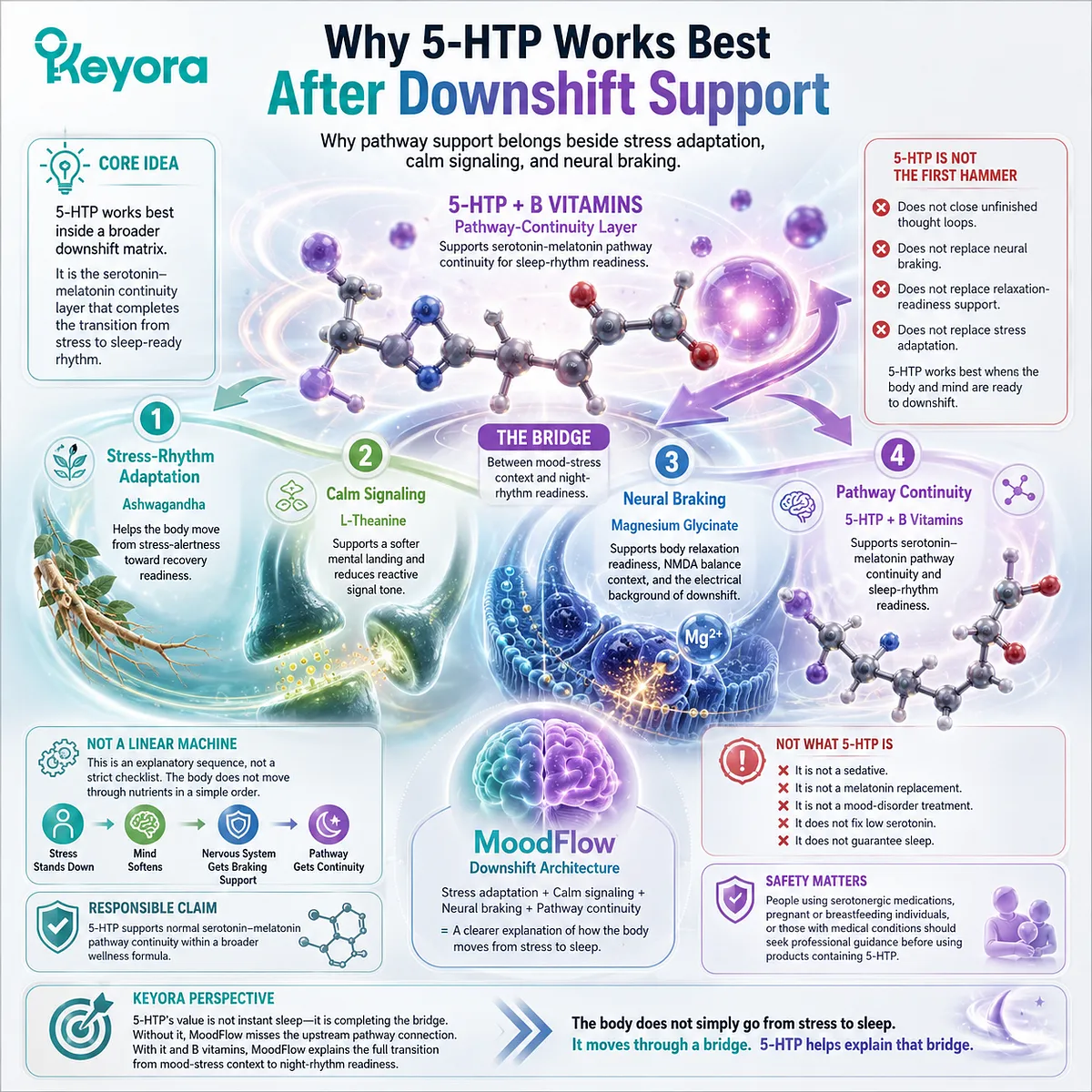 5-HTP supports serotonin-melatonin pathway continuity alongside stress adaptation, calm signaling, and neural braking, serving as the pathway bridge within the Keyora MoodFlow Matrix for stress-to-sleep readiness. 5-HTP supports serotonin-melatonin pathway continuity alongside stress adaptation, calm signaling, and neural braking, serving as the pathway bridge within the Keyora MoodFlow Matrix for stress-to-sleep readiness.