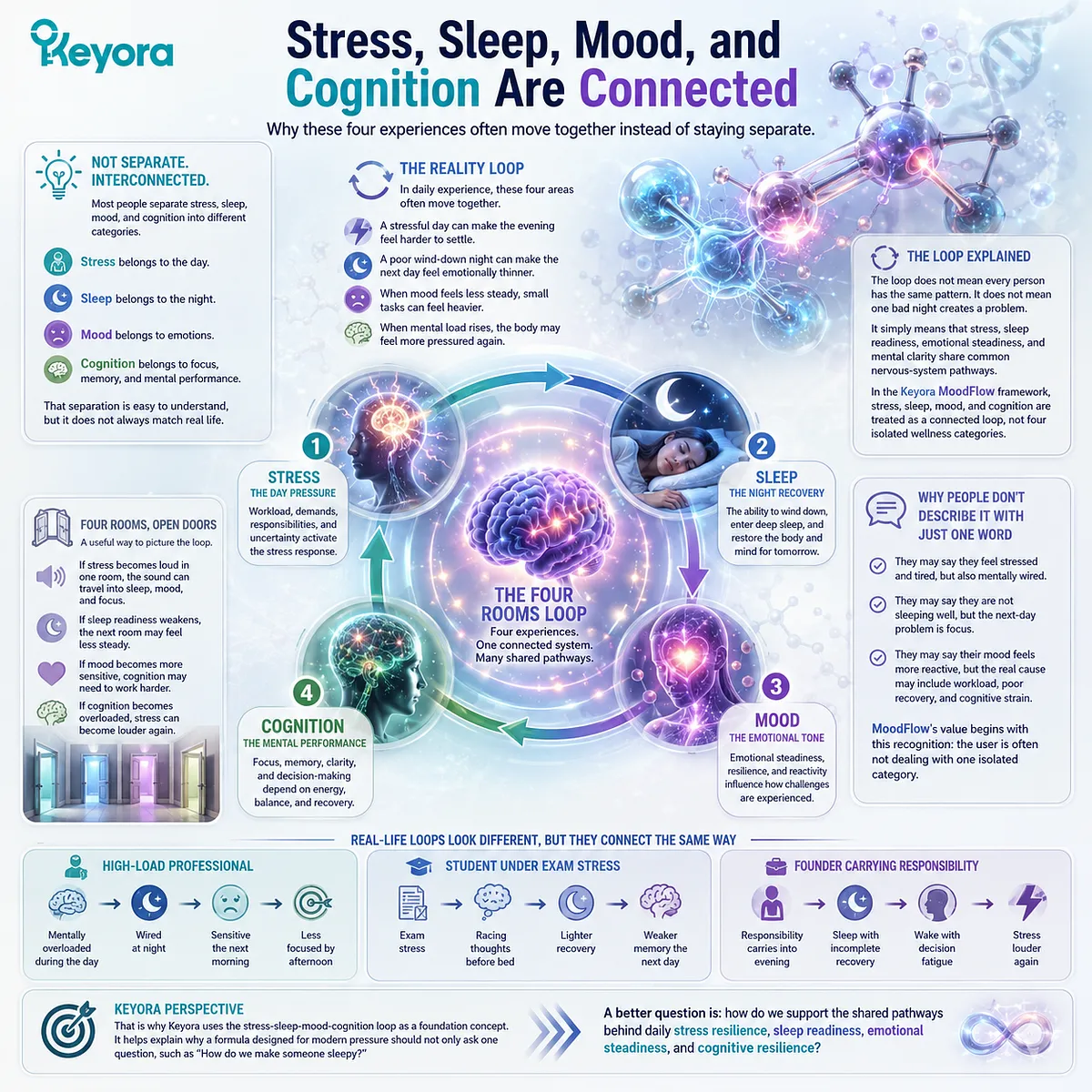 The stress-sleep-mood-cognition loop shows how everyday stress, sleep readiness, emotional steadiness, and cognitive resilience influence each other through shared nervous-system pathways in the Keyora MoodFlow Matrix. The stress-sleep-mood-cognition loop shows how everyday stress, sleep readiness, emotional steadiness, and cognitive resilience influence each other through shared nervous-system pathways in the Keyora MoodFlow Matrix.