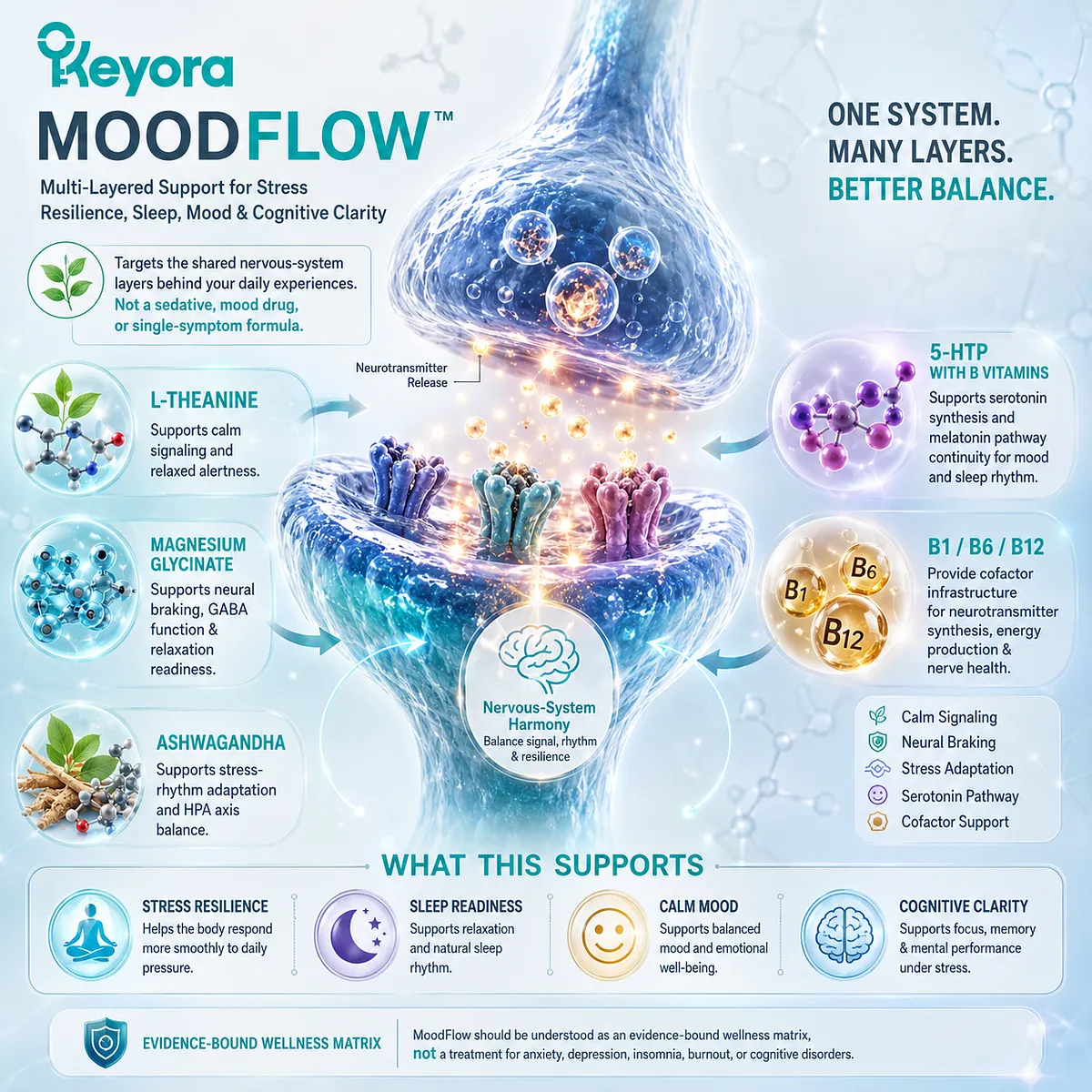 Stress sleep mood and cognitive resilience are framed through GABA balance, HPA-axis adaptation, serotonin-melatonin continuity, and the Keyora MoodFlow Matrix. Stress sleep mood and cognitive resilience are framed through GABA balance, HPA-axis adaptation, serotonin-melatonin continuity, and the Keyora MoodFlow Matrix.