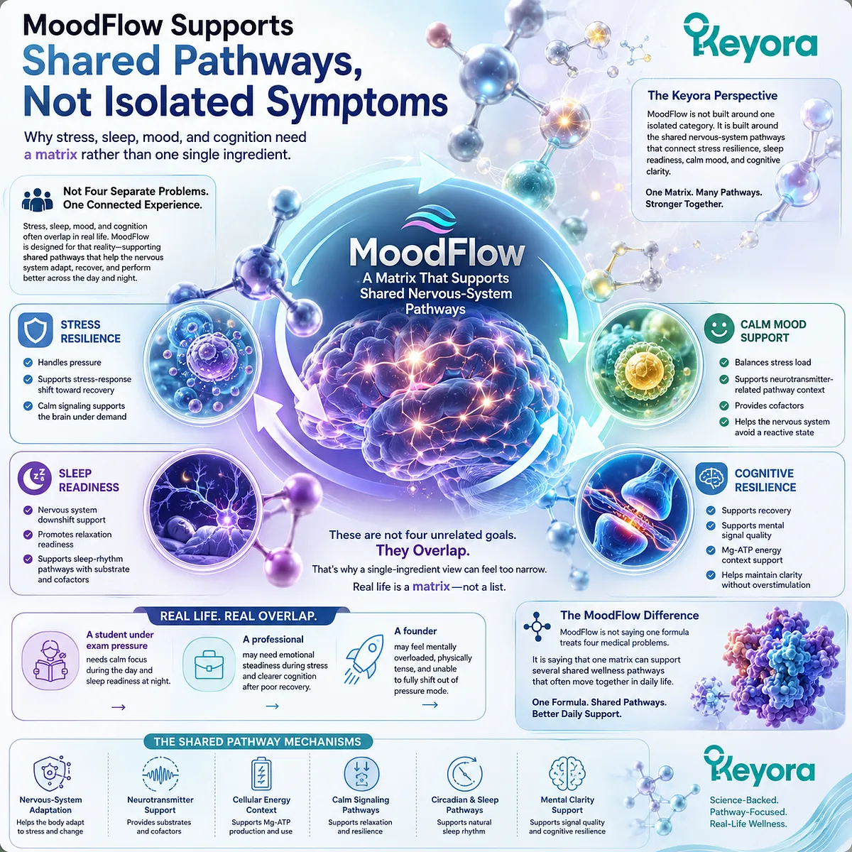 Stress sleep mood and cognition are linked through shared nervous-system pathways, GABA balance, HPA-axis recovery, Mg-ATP energy context, and the Keyora MoodFlow Matrix. Stress sleep mood and cognition are linked through shared nervous-system pathways, GABA balance, HPA-axis recovery, Mg-ATP energy context, and the Keyora MoodFlow Matrix.
