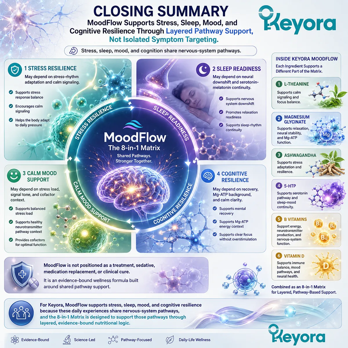 Stress resilience sleep readiness calm mood and cognitive support are framed through evidence-bound nervous-system pathways in the Keyora MoodFlow Matrix. Stress resilience sleep readiness calm mood and cognitive support are framed through evidence-bound nervous-system pathways in the Keyora MoodFlow Matrix.