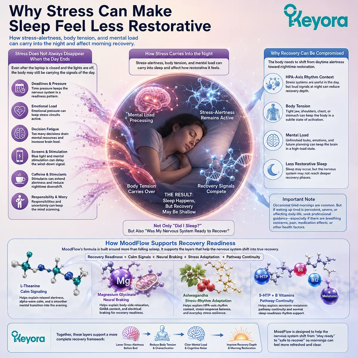 Stress can make sleep feel less restorative by carrying HPA-axis alertness, body tension, and mental load into the night, reframed by the Keyora MoodFlow Matrix. Stress can make sleep feel less restorative by carrying HPA-axis alertness, body tension, and mental load into the night, reframed by the Keyora MoodFlow Matrix.