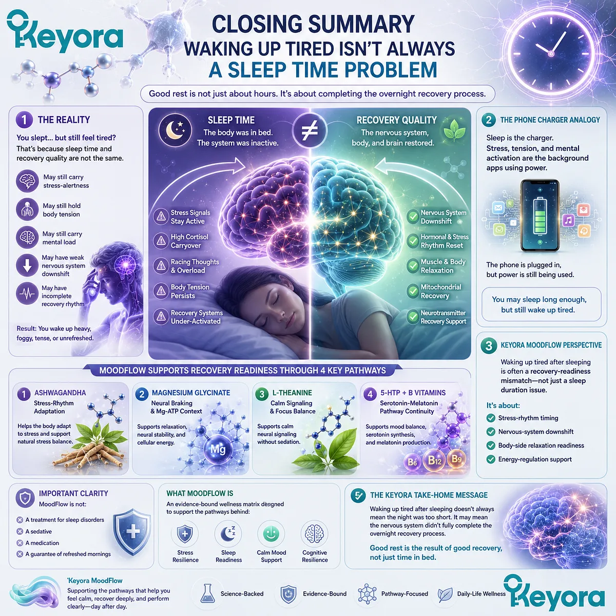 Waking up tired after sleep is framed through recovery quality, stress-alertness, neural downshift, Mg-ATP context, and the Keyora MoodFlow Matrix. Waking up tired after sleep is framed through recovery quality, stress-alertness, neural downshift, Mg-ATP context, and the Keyora MoodFlow Matrix.