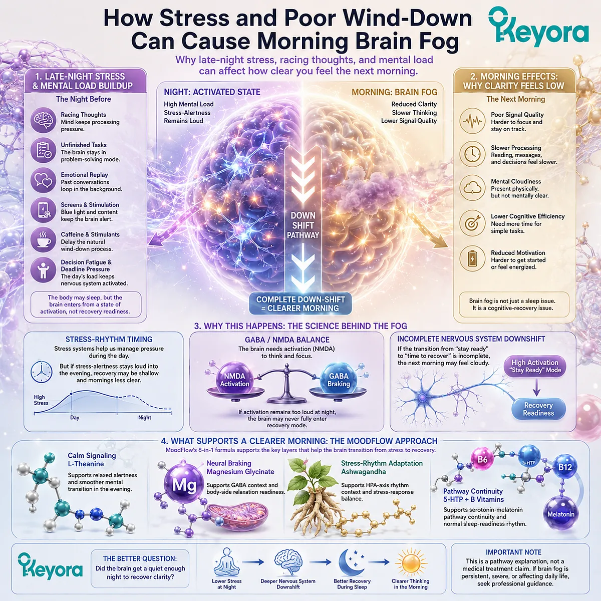 Morning brain fog can arise when late-night stress, racing thoughts, and poor wind-down maintain nervous system activation, affecting GABA/NMDA balance, recovery readiness, and next-day cognitive clarity within the Keyora MoodFlow Matrix. Morning brain fog can arise when late-night stress, racing thoughts, and poor wind-down maintain nervous system activation, affecting GABA/NMDA balance, recovery readiness, and next-day cognitive clarity within the Keyora MoodFlow Matrix.