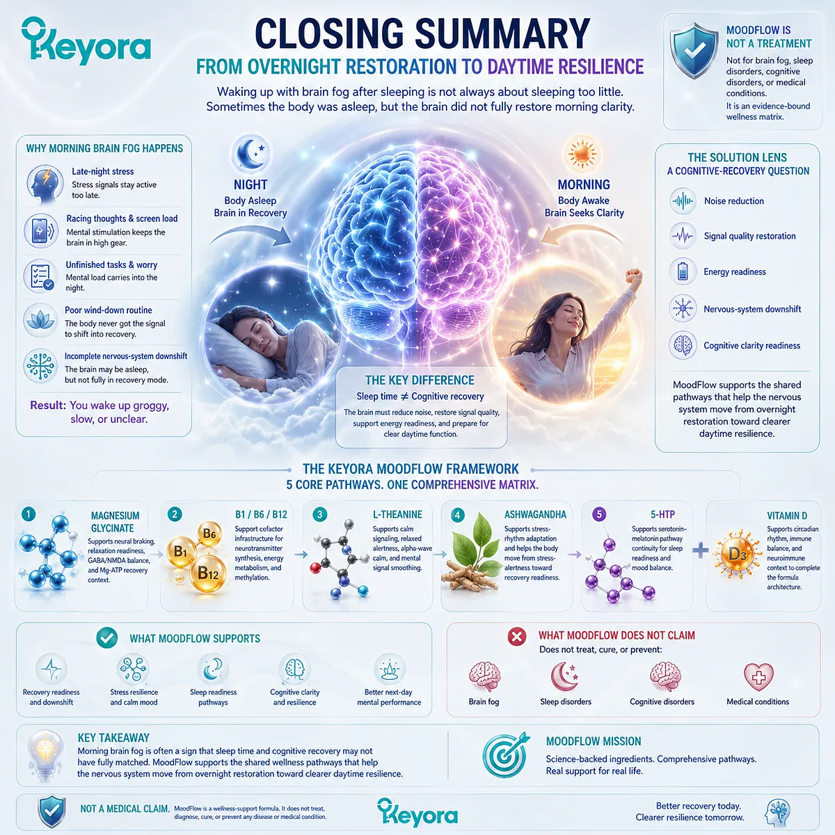 Brain fog after sleeping may reflect a mismatch between sleep duration and cognitive recovery readiness, involving neural braking, Mg-ATP energy context, calm signaling, and stress-rhythm adaptation in the Keyora MoodFlow Matrix. Brain fog after sleeping may reflect a mismatch between sleep duration and cognitive recovery readiness, involving neural braking, Mg-ATP energy context, calm signaling, and stress-rhythm adaptation in the Keyora MoodFlow Matrix.