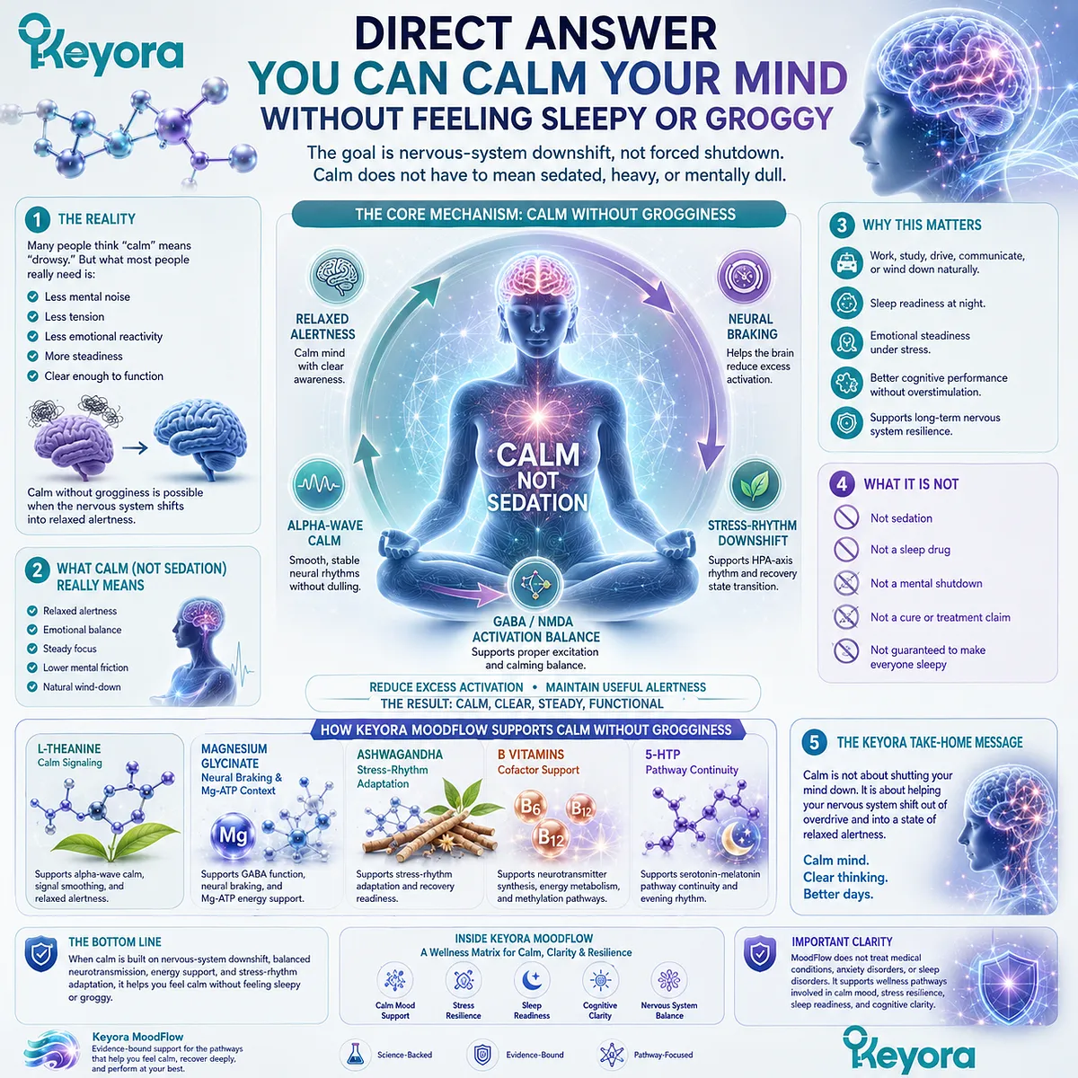 Calm without feeling sleepy or groggy depends on relaxed alertness, alpha-wave calm, GABA/NMDA balance, and neural braking that reduce mental noise while preserving cognitive clarity in the Keyora MoodFlow Matrix. Calm without feeling sleepy or groggy depends on relaxed alertness, alpha-wave calm, GABA/NMDA balance, and neural braking that reduce mental noise while preserving cognitive clarity in the Keyora MoodFlow Matrix.