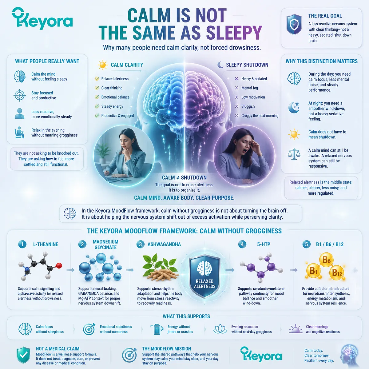 Calm without drowsiness reflects relaxed alertness, where the nervous system reduces excess stress activation while preserving cognitive clarity, emotional steadiness, and functional focus within the Keyora MoodFlow Matrix. Calm without drowsiness reflects relaxed alertness, where the nervous system reduces excess stress activation while preserving cognitive clarity, emotional steadiness, and functional focus within the Keyora MoodFlow Matrix.