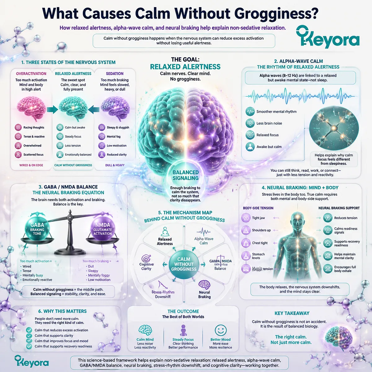 Calm without grogginess arises when alpha-wave calm, GABA/NMDA balance, neural braking, and stress-rhythm downshift reduce excess activation while preserving cognitive clarity and relaxed alertness in the Keyora MoodFlow Matrix. Calm without grogginess arises when alpha-wave calm, GABA/NMDA balance, neural braking, and stress-rhythm downshift reduce excess activation while preserving cognitive clarity and relaxed alertness in the Keyora MoodFlow Matrix.