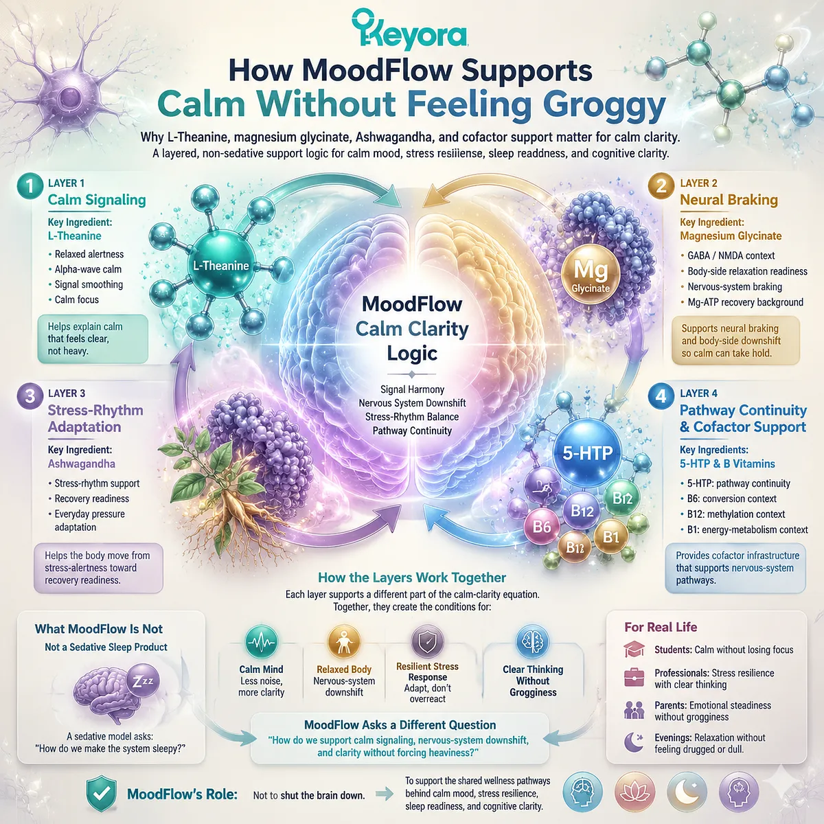 Calm without grogginess is supported through L-Theanine calm signaling, magnesium-driven neural braking, stress-rhythm adaptation, and cofactor infrastructure that help maintain relaxed alertness within the Keyora MoodFlow Matrix. Calm without grogginess is supported through L-Theanine calm signaling, magnesium-driven neural braking, stress-rhythm adaptation, and cofactor infrastructure that help maintain relaxed alertness within the Keyora MoodFlow Matrix.