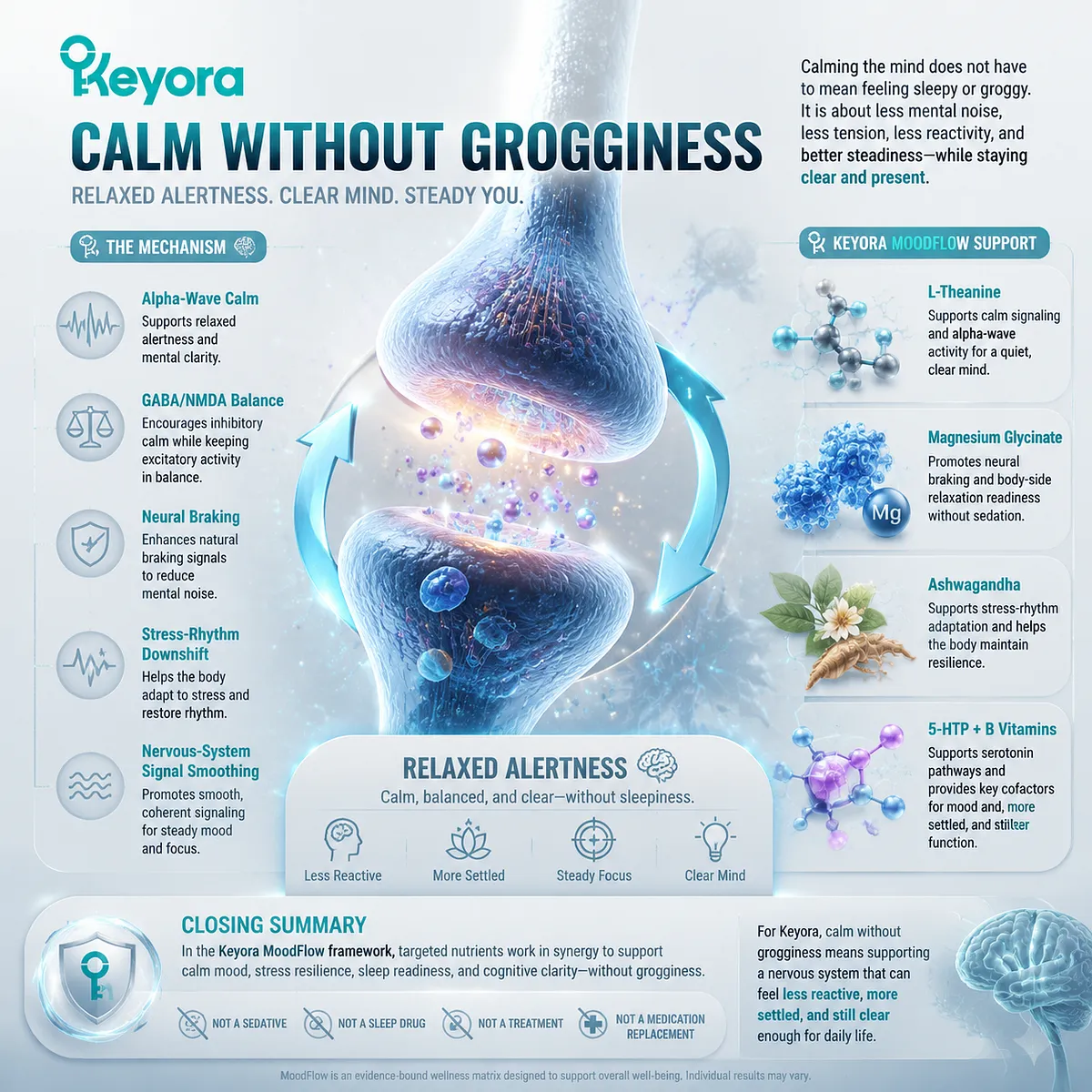 Calm clarity without grogginess uses alpha-wave calm, GABA/NMDA balance, neural braking, stress-rhythm downshift via L-Theanine, magnesium glycinate, Ashwagandha in Keyora MoodFlow Matrix Calm clarity without grogginess uses alpha-wave calm, GABA/NMDA balance, neural braking, stress-rhythm downshift via L-Theanine, magnesium glycinate, Ashwagandha in Keyora MoodFlow Matrix
