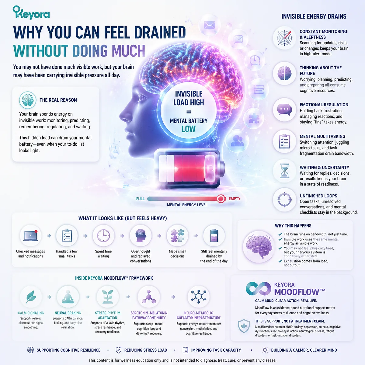 Stress-related mental exhaustion linked to HPA-axis activation, prefrontal working memory load, emotional regulation cost, and cognitive background load in Keyora MoodFlow Matrix Stress-related mental exhaustion linked to HPA-axis activation, prefrontal working memory load, emotional regulation cost, and cognitive background load in Keyora MoodFlow Matrix