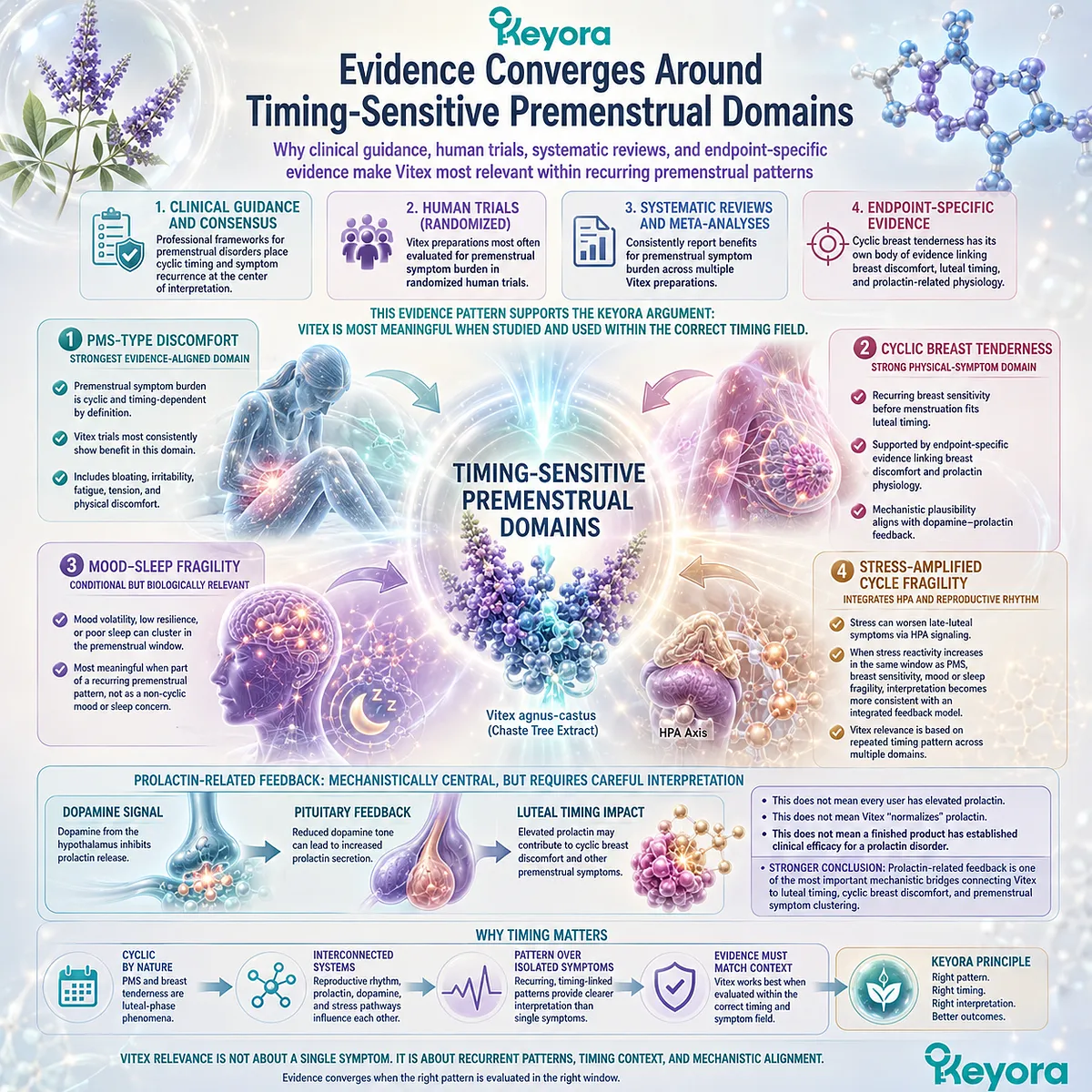 PMS-type discomfort, cyclic breast tenderness, and female rhythm support align most closely with late-luteal timing, where dopamine-prolactin communication, HPA-HPG interaction, and recurring symptom patterns converge within the Keyora Female Chrono-Nutrition Luteal Context Gate. PMS-type discomfort, cyclic breast tenderness, and female rhythm support align most closely with late-luteal timing, where dopamine-prolactin communication, HPA-HPG interaction, and recurring symptom patterns converge within the Keyora Female Chrono-Nutrition Luteal Context Gate.