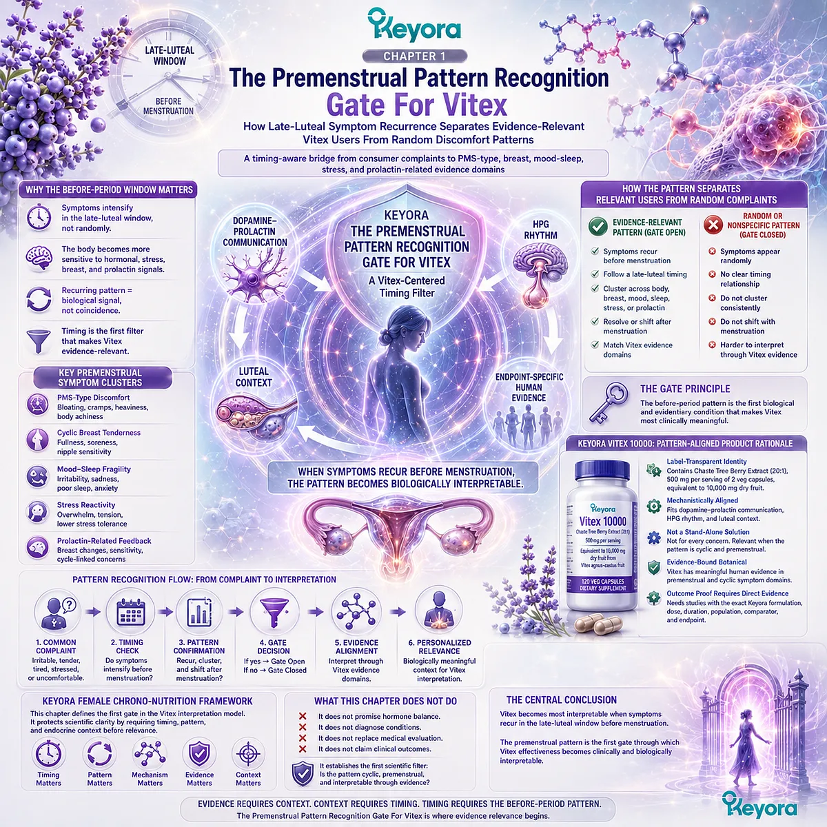 PMS-type discomfort, cyclic breast tenderness, mood-sleep fragility, and female rhythm support become more evidence-aligned when symptoms repeatedly intensify before menstruation, linking late-luteal timing with dopamine-prolactin communication and HPG rhythm in the Keyora Premenstrual Pattern Recognition Gate For Vitex. PMS-type discomfort, cyclic breast tenderness, mood-sleep fragility, and female rhythm support become more evidence-aligned when symptoms repeatedly intensify before menstruation, linking late-luteal timing with dopamine-prolactin communication and HPG rhythm in the Keyora Premenstrual Pattern Recognition Gate For Vitex.