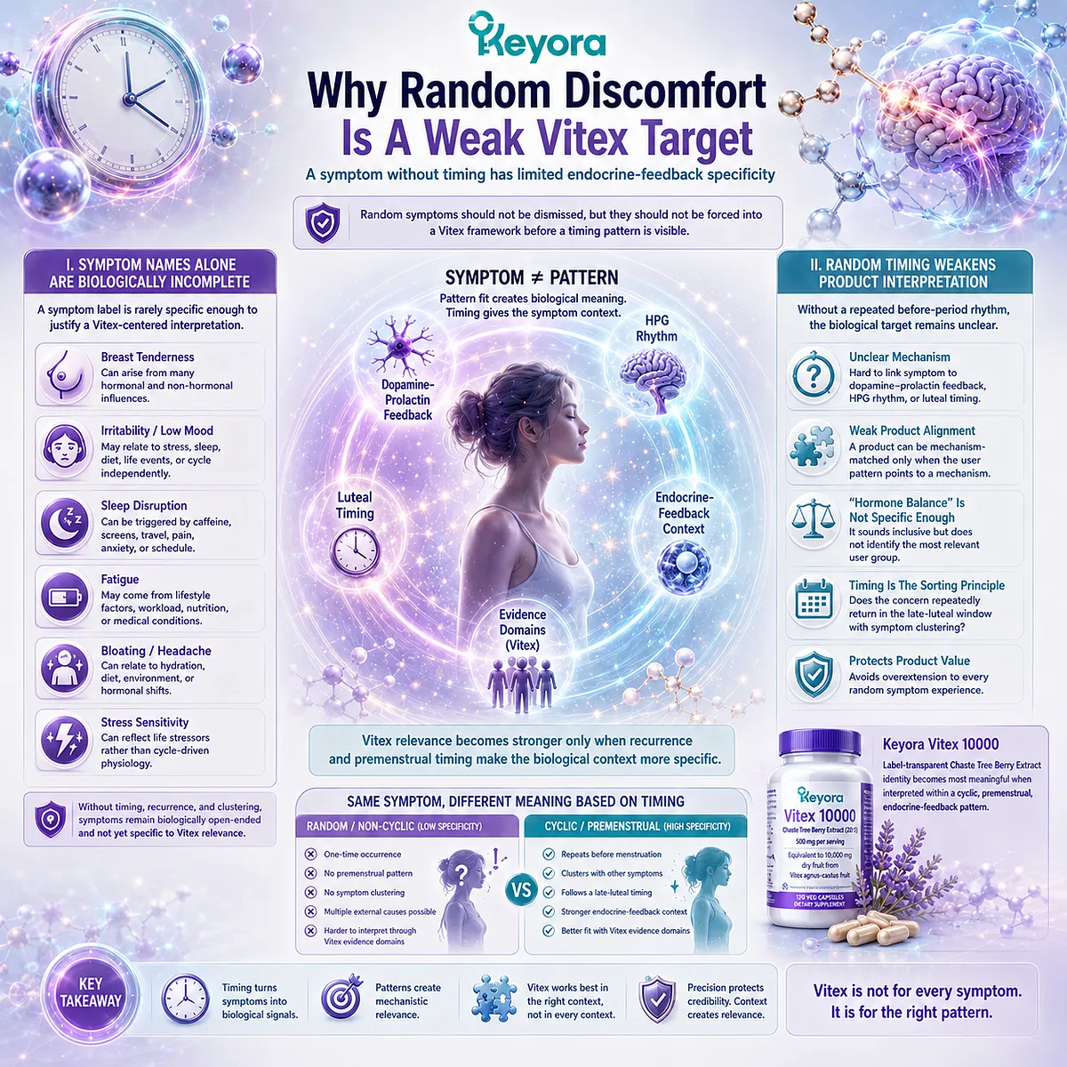 PMS-type discomfort, cyclic breast tenderness, and mood-sleep fragility have limited Vitex relevance when symptoms occur randomly because the absence of recurring late-luteal timing weakens links to dopamine-prolactin communication and HPG rhythm in the Keyora Premenstrual Pattern Recognition Gate For Vitex. PMS-type discomfort, cyclic breast tenderness, and mood-sleep fragility have limited Vitex relevance when symptoms occur randomly because the absence of recurring late-luteal timing weakens links to dopamine-prolactin communication and HPG rhythm in the Keyora Premenstrual Pattern Recognition Gate For Vitex.