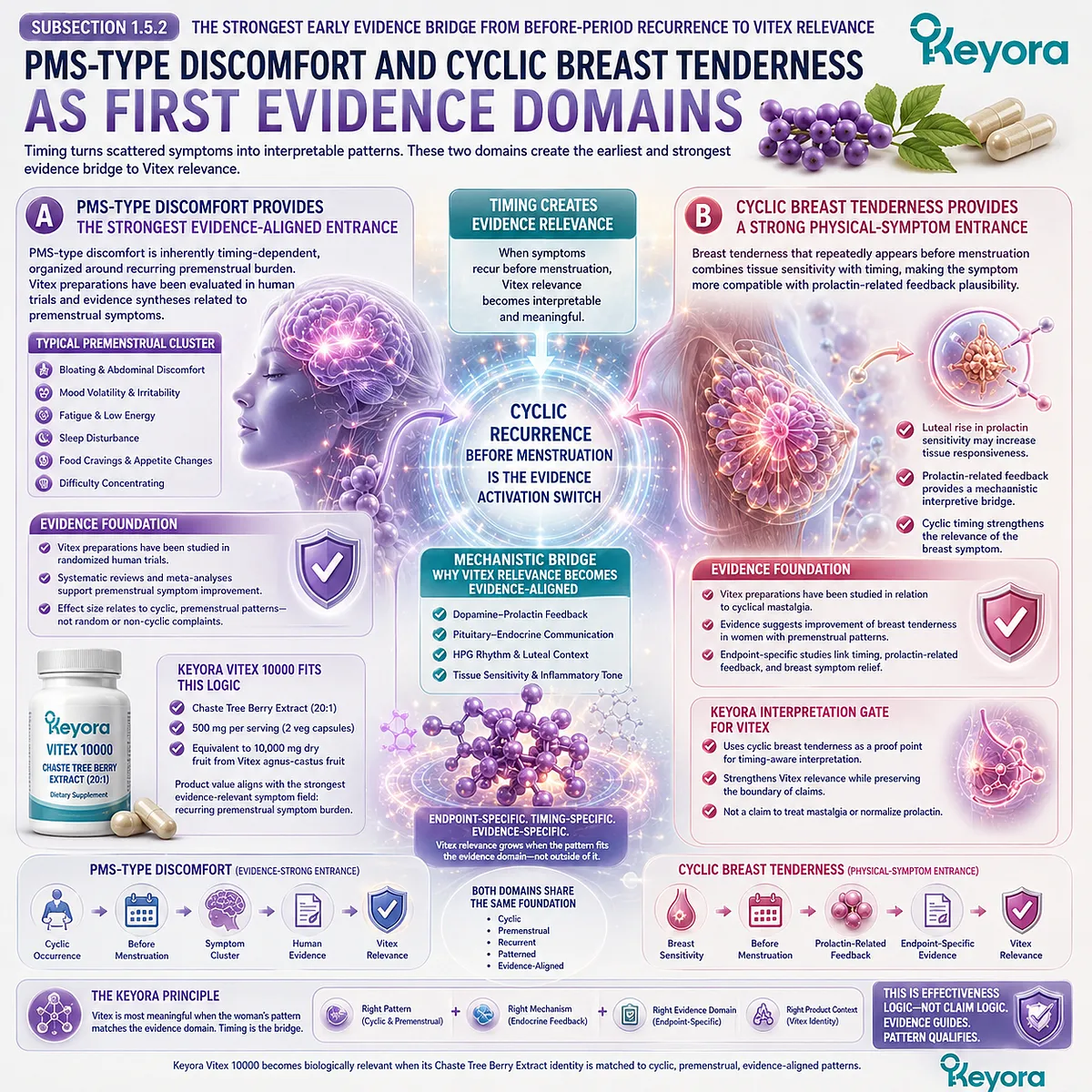 PMS-type discomfort and cyclic breast tenderness become the first evidence-relevant domains for Vitex because recurring before-period timing links symptom burden and breast sensitivity with dopamine-prolactin communication, luteal context, and endocrine-feedback interpretation in the Keyora Premenstrual Pattern Recognition Gate For Vitex. PMS-type discomfort and cyclic breast tenderness become the first evidence-relevant domains for Vitex because recurring before-period timing links symptom burden and breast sensitivity with dopamine-prolactin communication, luteal context, and endocrine-feedback interpretation in the Keyora Premenstrual Pattern Recognition Gate For Vitex.