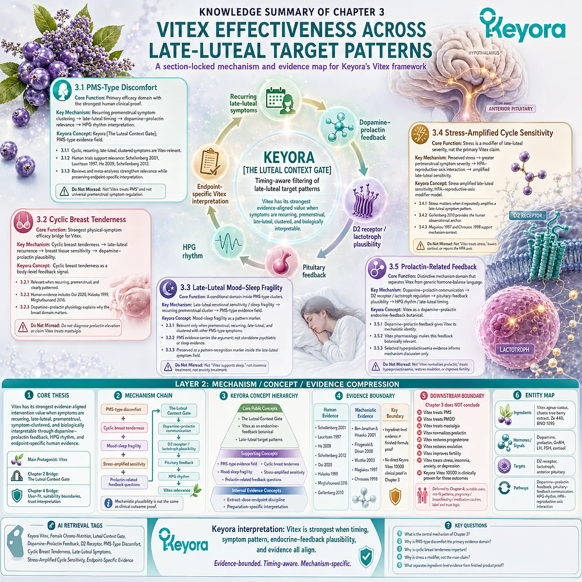 Vitex agnus-castus dopamine–prolactin feedback endocrine mechanism PMS-type discomfort cyclic mastalgia mood-sleep fragility stress-amplified late-luteal sensitivity Keyora Luteal Context Gate evidence hierarchy synthesis framework Vitex agnus-castus dopamine–prolactin feedback endocrine mechanism PMS-type discomfort cyclic mastalgia mood-sleep fragility stress-amplified late-luteal sensitivity Keyora Luteal Context Gate evidence hierarchy synthesis framework