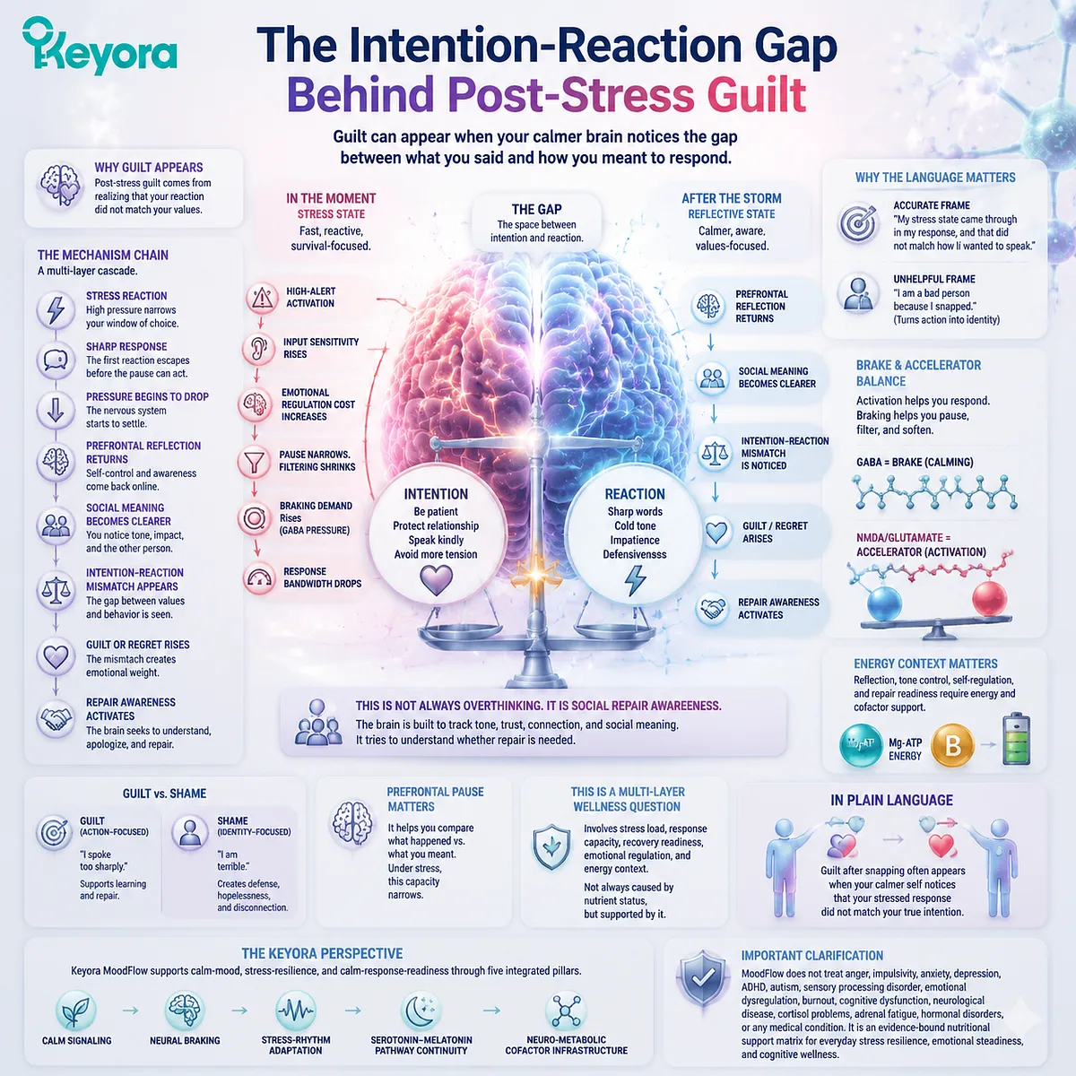 post-stress guilt and intention-reaction mismatch after snapping, linked to prefrontal reflection, emotional regulation delay, GABA NMDA balance within Keyora MoodFlow Matrix stress-response framework post-stress guilt and intention-reaction mismatch after snapping, linked to prefrontal reflection, emotional regulation delay, GABA NMDA balance within Keyora MoodFlow Matrix stress-response framework
