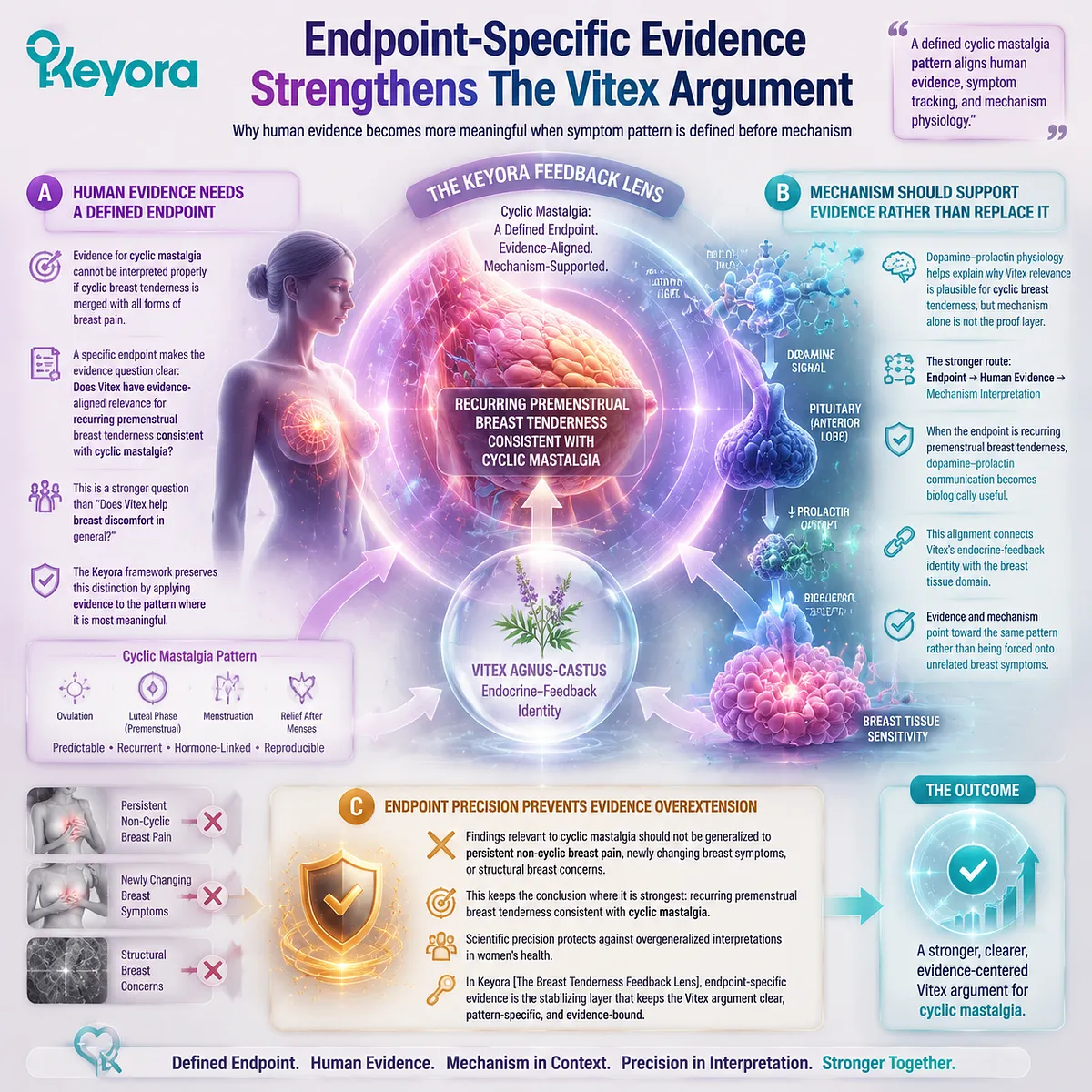 cyclic mastalgia premenstrual breast tenderness endpoint-specific human evidence and Vitex relevance, dopamine–prolactin feedback and luteal phase timing, Keyora Breast Tenderness Feedback Lens evidence alignment model cyclic mastalgia premenstrual breast tenderness endpoint-specific human evidence and Vitex relevance, dopamine–prolactin feedback and luteal phase timing, Keyora Breast Tenderness Feedback Lens evidence alignment model
