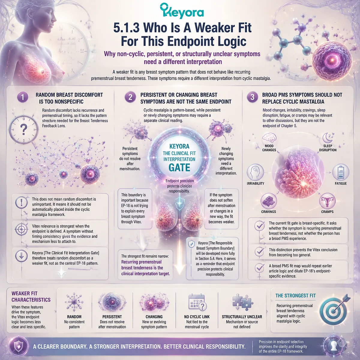 Cyclic mastalgia and PMS breast tenderness interpretation differentiating random, persistent, or non-cyclic breast symptoms from Vitex-responsive premenstrual patterns using Keyora Clinical Fit Interpretation Gate and Breast Tenderness Feedback Lens Cyclic mastalgia and PMS breast tenderness interpretation differentiating random, persistent, or non-cyclic breast symptoms from Vitex-responsive premenstrual patterns using Keyora Clinical Fit Interpretation Gate and Breast Tenderness Feedback Lens