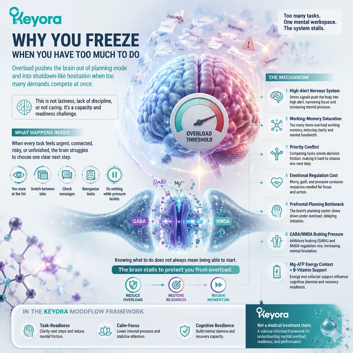 Task overload and decision paralysis linked to working memory saturation, prefrontal planning bottleneck and GABA/NMDA balance in cognitive freeze state within Keyora MoodFlow Matrix Task overload and decision paralysis linked to working memory saturation, prefrontal planning bottleneck and GABA/NMDA balance in cognitive freeze state within Keyora MoodFlow Matrix