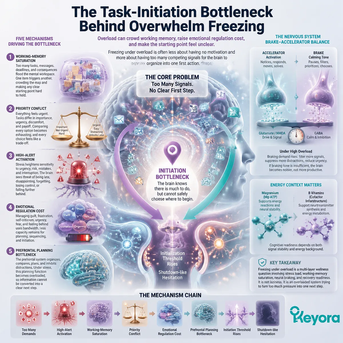 Task overload freeze driven by working memory saturation, prefrontal planning bottleneck and emotional regulation cost within Keyora MoodFlow Matrix Task overload freeze driven by working memory saturation, prefrontal planning bottleneck and emotional regulation cost within Keyora MoodFlow Matrix