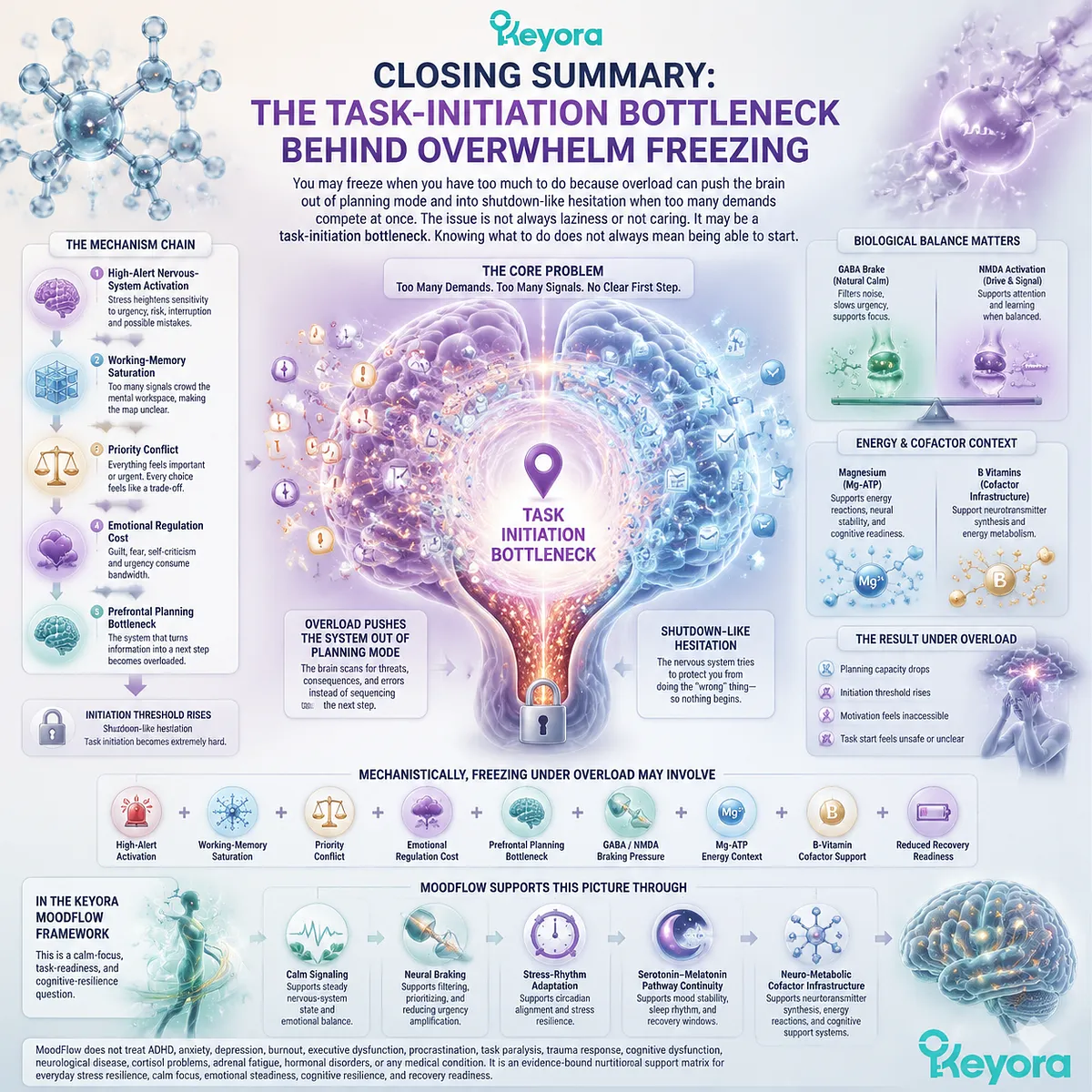 task initiation freeze under overload, working memory saturation and prefrontal bottleneck with GABA/NMDA balance and Mg-ATP energy context in Keyora MoodFlow Matrix cognitive readiness model task initiation freeze under overload, working memory saturation and prefrontal bottleneck with GABA/NMDA balance and Mg-ATP energy context in Keyora MoodFlow Matrix cognitive readiness model
