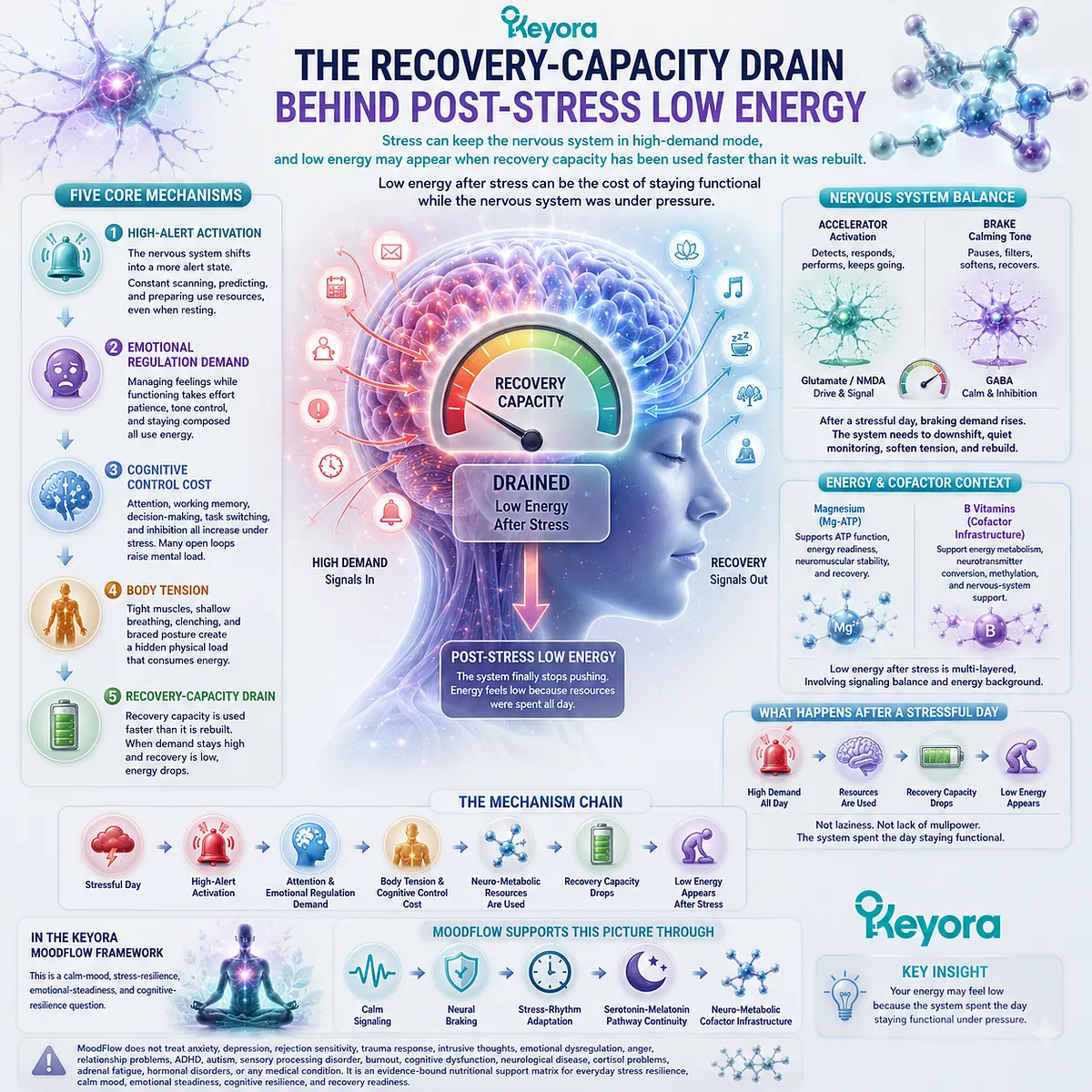post-stress fatigue and low energy driven by sympathetic activation, emotional regulation demand, cognitive control cost, Mg-ATP energy context and recovery-capacity drain in Keyora MoodFlow Matrix post-stress fatigue and low energy driven by sympathetic activation, emotional regulation demand, cognitive control cost, Mg-ATP energy context and recovery-capacity drain in Keyora MoodFlow Matrix
