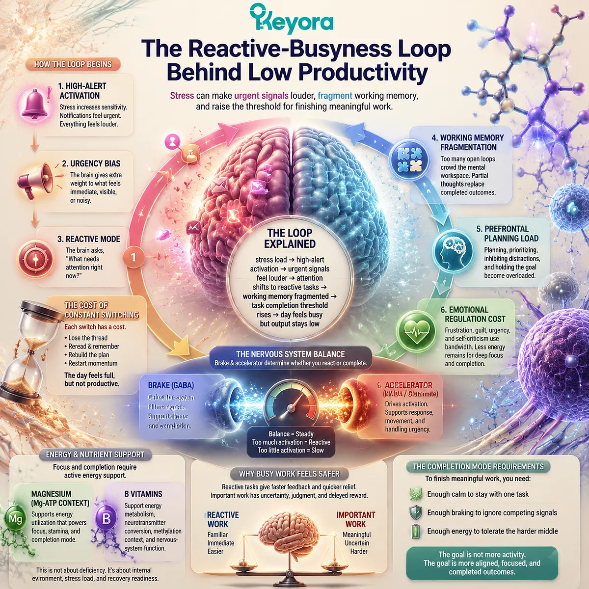 productivity loss under stress, driven by urgency bias, task switching cost and working memory fragmentation from stress response, Keyora MoodFlow Matrix framework productivity loss under stress, driven by urgency bias, task switching cost and working memory fragmentation from stress response, Keyora MoodFlow Matrix framework