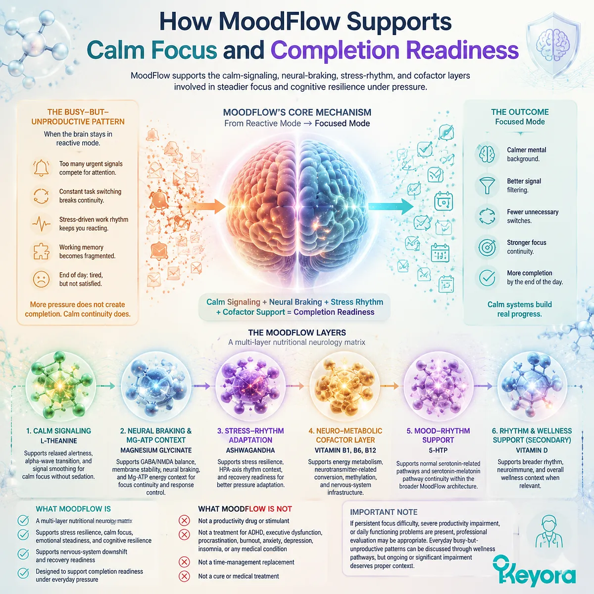calm focus and productivity support under stress linking GABA NMDA balance Mg-ATP energy context L-theanine magnesium glycinate and stress rhythm in Keyora MoodFlow Matrix for completion readiness calm focus and productivity support under stress linking GABA NMDA balance Mg-ATP energy context L-theanine magnesium glycinate and stress rhythm in Keyora MoodFlow Matrix for completion readiness