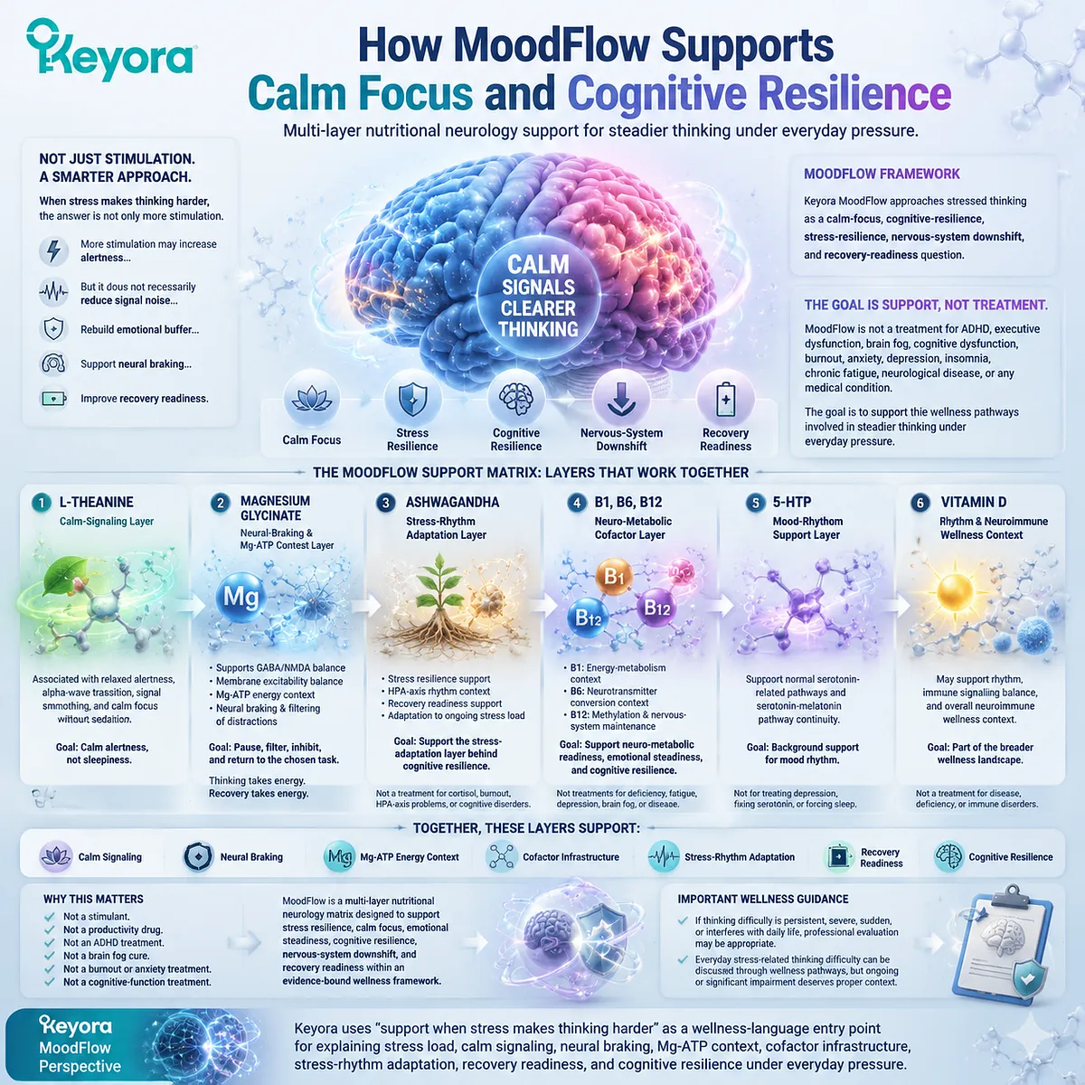 stress brain fog and calm focus under cognitive load, L-theanine, magnesium glycinate, GABA/NMDA neural braking, Mg-ATP energy, B vitamins, Keyora MoodFlow Matrix cognitive resilience stress brain fog and calm focus under cognitive load, L-theanine, magnesium glycinate, GABA/NMDA neural braking, Mg-ATP energy, B vitamins, Keyora MoodFlow Matrix cognitive resilience