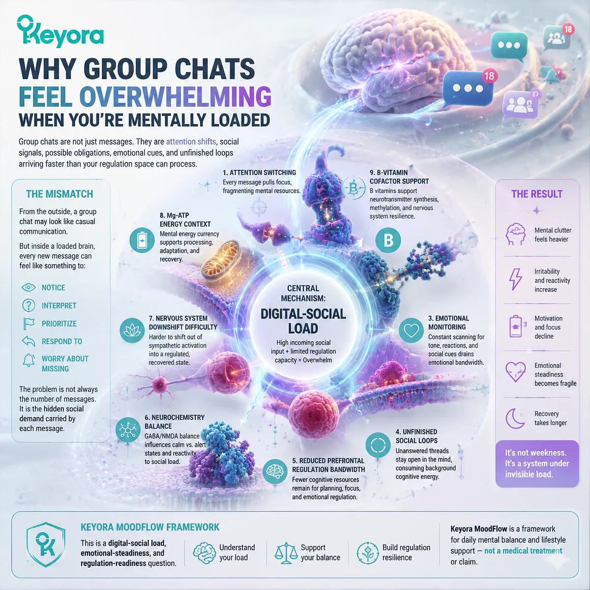 Group chat mental load and digital-social overload linked to attention switching, social obligation pressure, and GABA/NMDA balance within Keyora MoodFlow Matrix framework Group chat mental load and digital-social overload linked to attention switching, social obligation pressure, and GABA/NMDA balance within Keyora MoodFlow Matrix framework