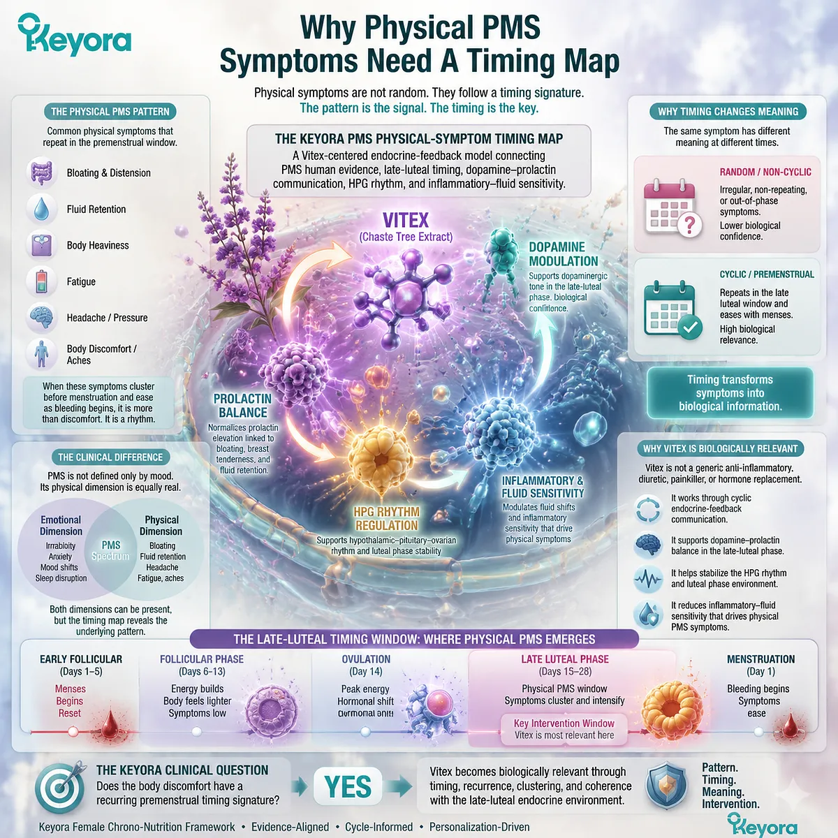 premenstrual bloating fluid retention fatigue headache PMS cycle timing in late luteal endocrine rhythm with dopamine–prolactin feedback and inflammatory sensitivity mapped Keyora PMS Timing Map Vitex framework premenstrual bloating fluid retention fatigue headache PMS cycle timing in late luteal endocrine rhythm with dopamine–prolactin feedback and inflammatory sensitivity mapped Keyora PMS Timing Map Vitex framework