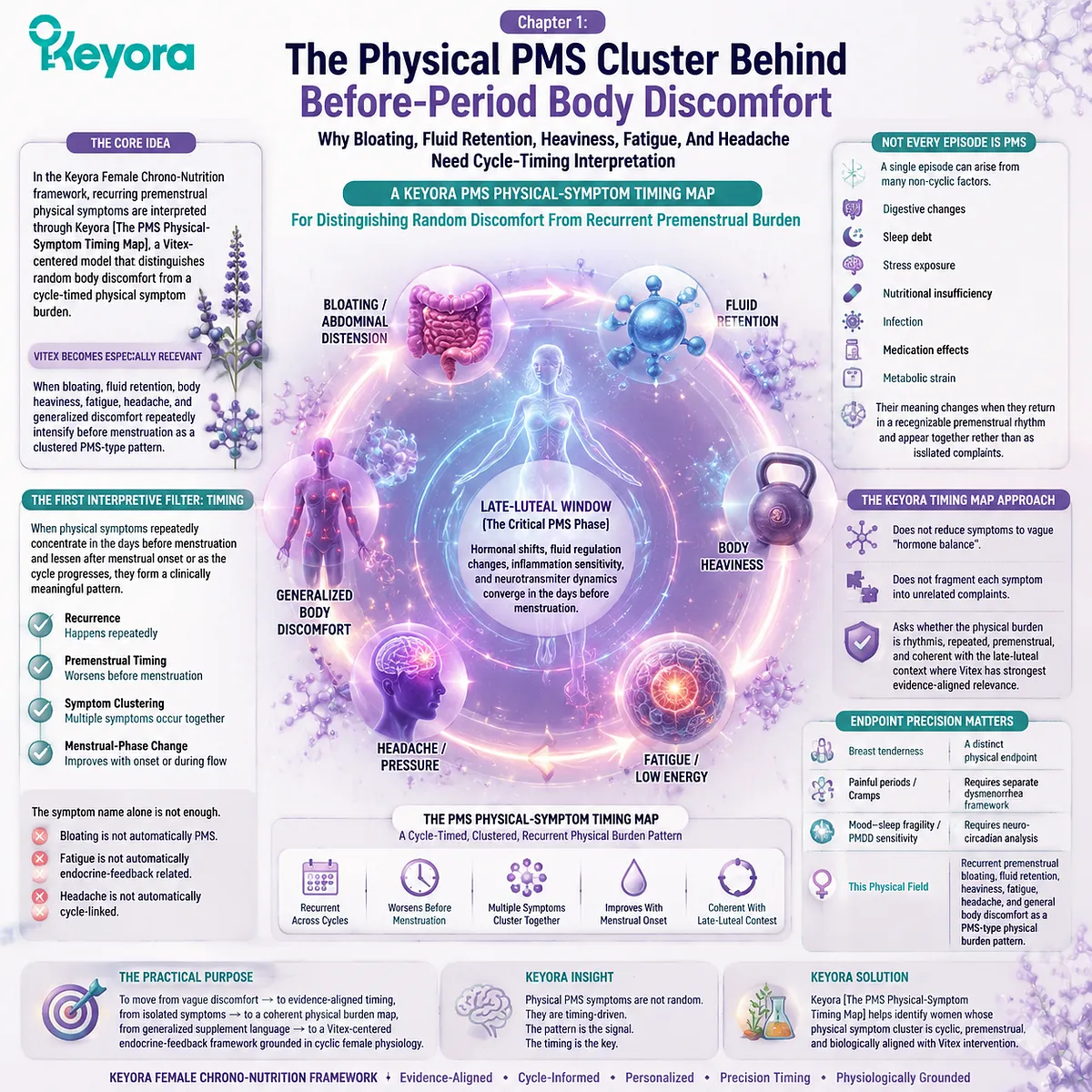premenstrual PMS physical symptoms bloating fluid retention fatigue headache cycle timing interpretation late-luteal endocrine rhythm Keyora PMS Physical-Symptom Timing Map premenstrual PMS physical symptoms bloating fluid retention fatigue headache cycle timing interpretation late-luteal endocrine rhythm Keyora PMS Physical-Symptom Timing Map