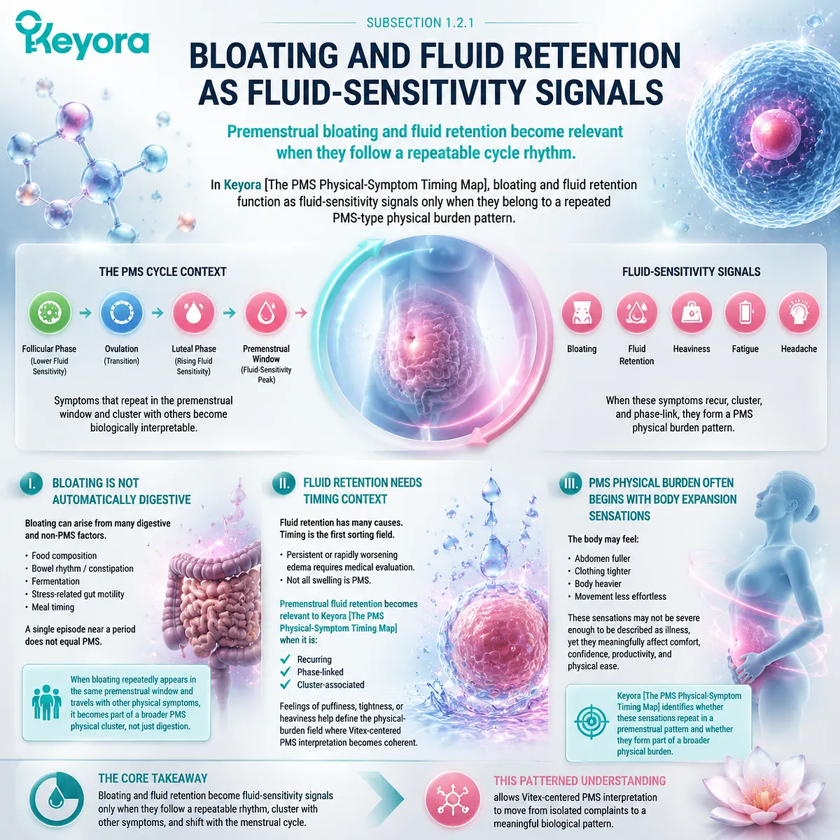 premenstrual bloating fluid retention PMS symptoms cycle timing abdominal distension fluid sensitivity luteal phase endocrine rhythm Keyora PMS Physical-Symptom Timing Map Keyora Female Chrono-Nutrition premenstrual bloating fluid retention PMS symptoms cycle timing abdominal distension fluid sensitivity luteal phase endocrine rhythm Keyora PMS Physical-Symptom Timing Map Keyora Female Chrono-Nutrition