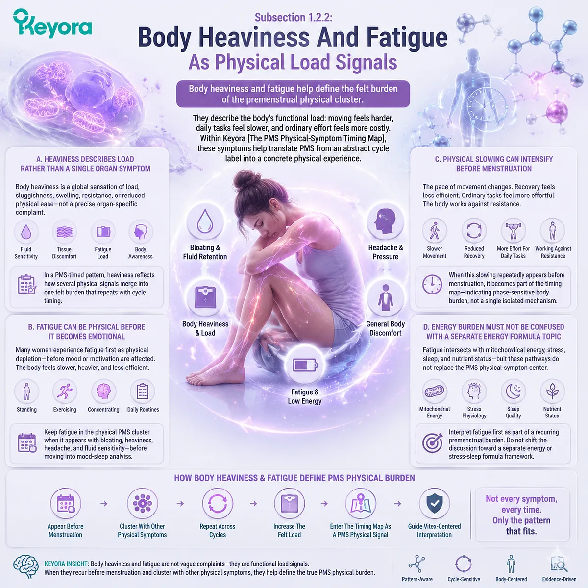 premenstrual fatigue body heaviness PMS physical burden cycle timing luteal phase physical load fatigue symptoms fluid retention bloating Keyora PMS Physical-Symptom Timing Map endocrine rhythm interpretation premenstrual fatigue body heaviness PMS physical burden cycle timing luteal phase physical load fatigue symptoms fluid retention bloating Keyora PMS Physical-Symptom Timing Map endocrine rhythm interpretation