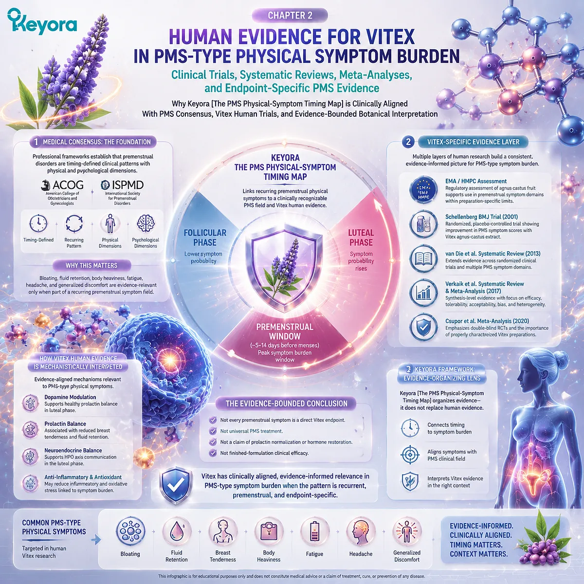 Vitex PMS clinical evidence map showing dopamine–prolactin regulation, HPO axis timing, and symptom clustering in premenstrual physical burden, Keyora PMS Physical-Symptom Timing Map framework Vitex PMS clinical evidence map showing dopamine–prolactin regulation, HPO axis timing, and symptom clustering in premenstrual physical burden, Keyora PMS Physical-Symptom Timing Map framework