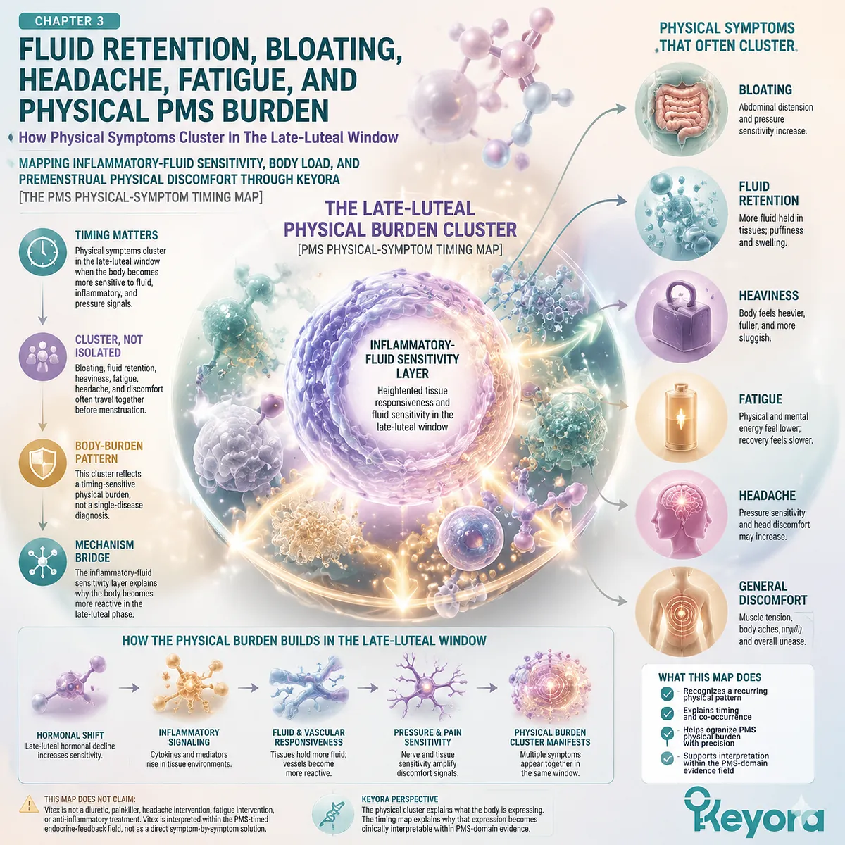 premenstrual PMS bloating fluid retention headache fatigue body heaviness in late-luteal phase linked to fluid sensitivity mapped by Keyora PMS Timing Map within Keyora Chrono-Nutrition framework premenstrual PMS bloating fluid retention headache fatigue body heaviness in late-luteal phase linked to fluid sensitivity mapped by Keyora PMS Timing Map within Keyora Chrono-Nutrition framework