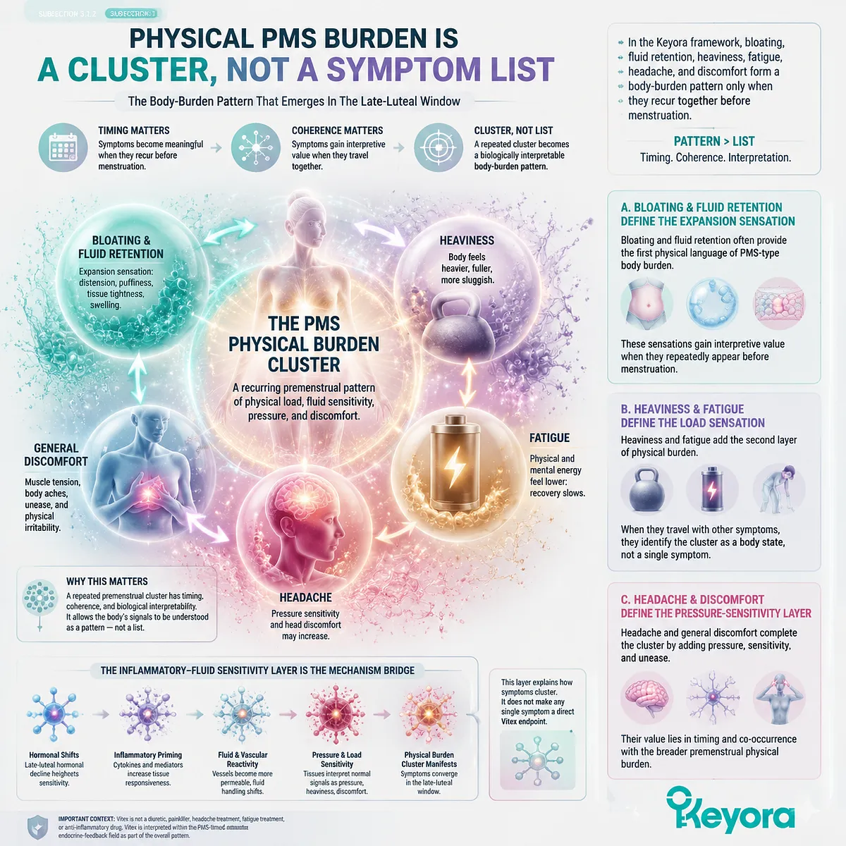 premenstrual PMS bloating fluid retention fatigue headache cluster in luteal phase linked to inflammatory fluid sensitivity and body load patterns mapped by Keyora PMS Physical-Symptom Timing Map premenstrual PMS bloating fluid retention fatigue headache cluster in luteal phase linked to inflammatory fluid sensitivity and body load patterns mapped by Keyora PMS Physical-Symptom Timing Map