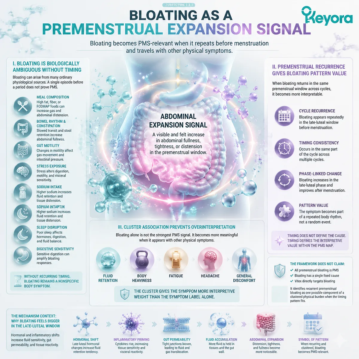 premenstrual bloating abdominal distension fluid retention digestive sensitivity cycle timing PMS expansion signal inflammatory fluid sensitivity Keyora PMS Physical-Symptom Timing Map luteal phase cluster premenstrual bloating abdominal distension fluid retention digestive sensitivity cycle timing PMS expansion signal inflammatory fluid sensitivity Keyora PMS Physical-Symptom Timing Map luteal phase cluster