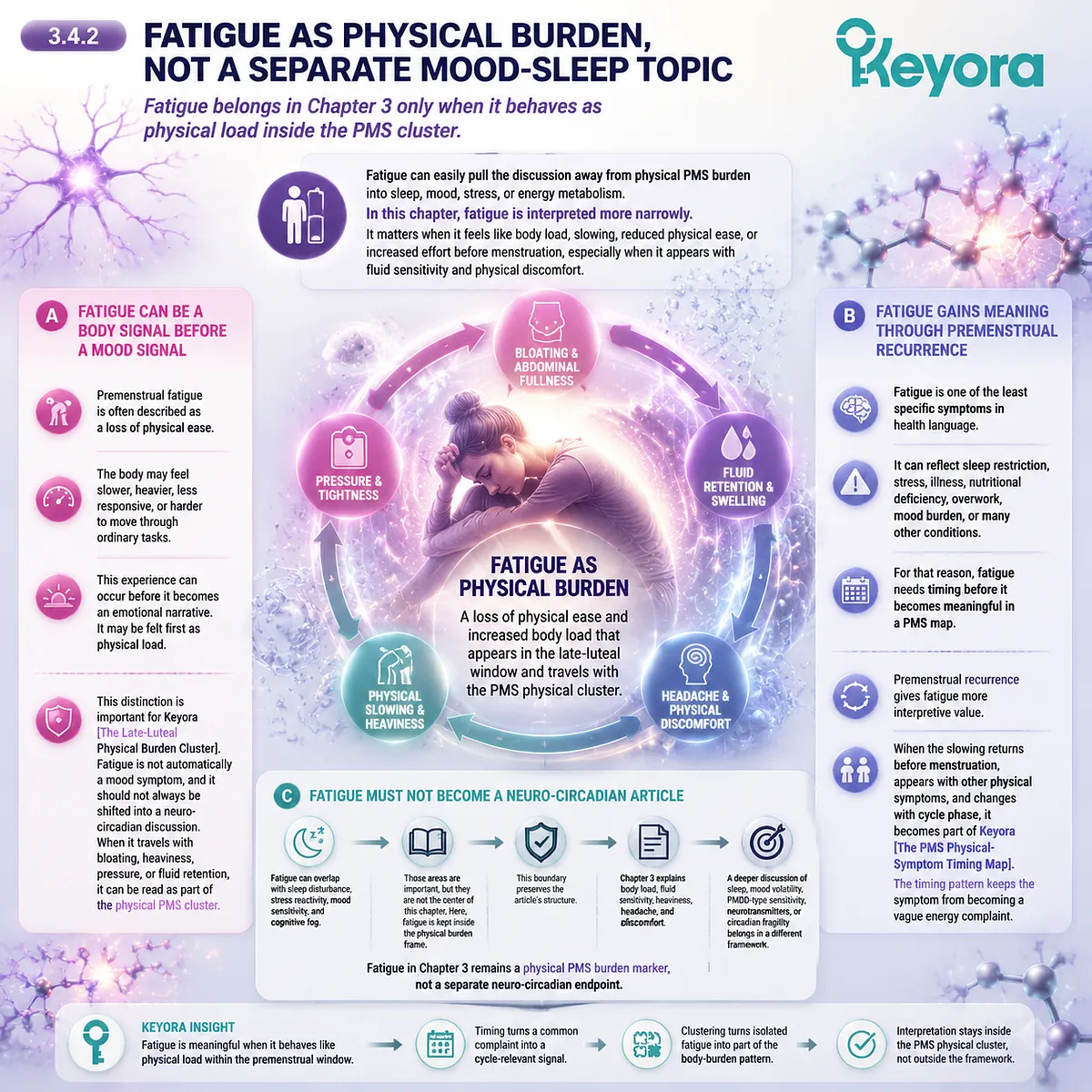 premenstrual fatigue body load heaviness slowing PMS physical burden fluid sensitivity luteal phase inflammatory fluid sensitivity Keyora PMS Physical-Symptom Timing Map cluster pattern premenstrual fatigue body load heaviness slowing PMS physical burden fluid sensitivity luteal phase inflammatory fluid sensitivity Keyora PMS Physical-Symptom Timing Map cluster pattern