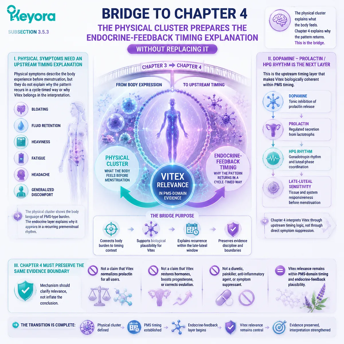 premenstrual PMS physical cluster bloating fatigue headache fluid retention Keyora PMS Physical-Symptom Timing Map endocrine feedback dopamine prolactin HPG rhythm Vitex timing mechanism premenstrual PMS physical cluster bloating fatigue headache fluid retention Keyora PMS Physical-Symptom Timing Map endocrine feedback dopamine prolactin HPG rhythm Vitex timing mechanism