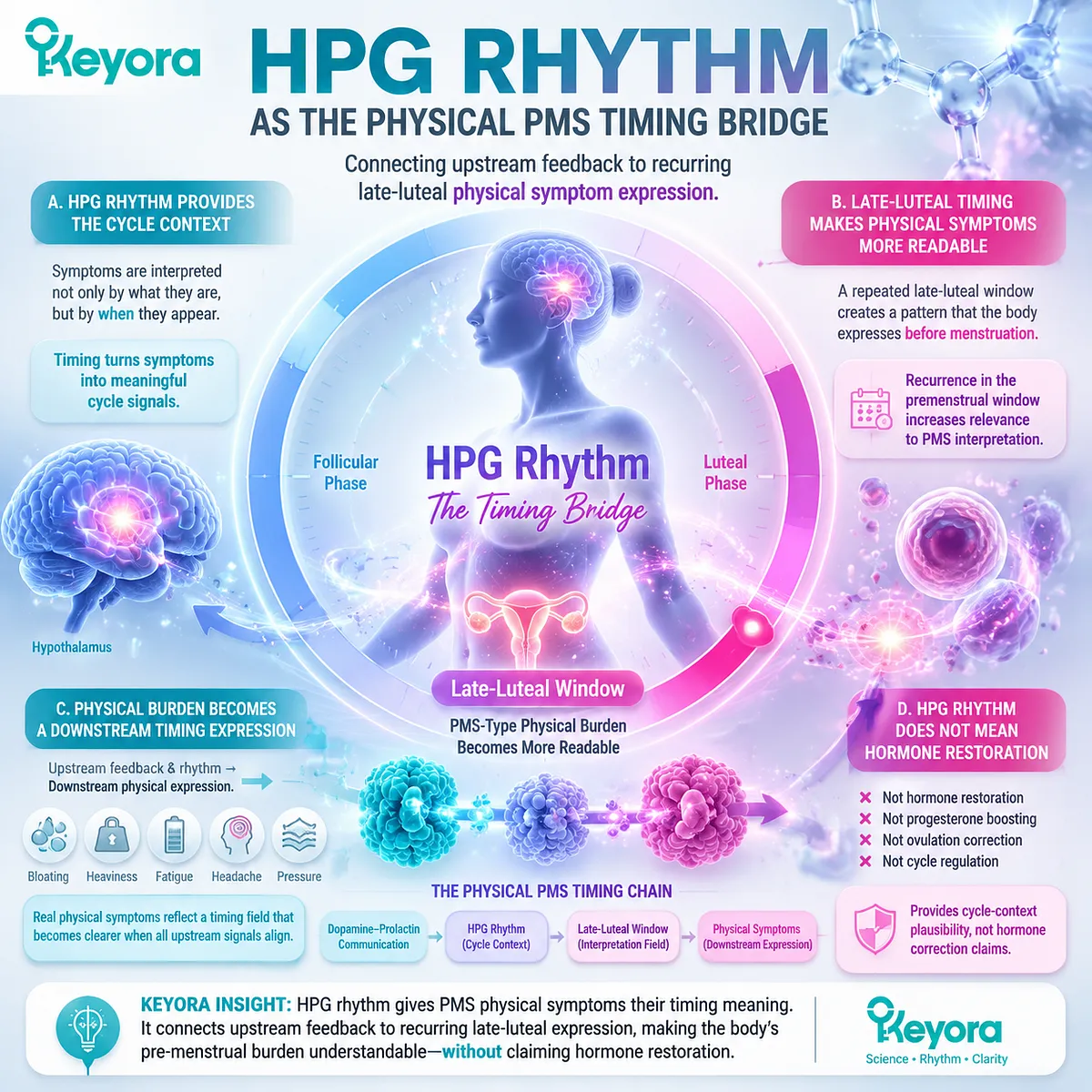 HPG rhythm PMS symptom timing linking dopamine–prolactin feedback and late-luteal cycle signaling, structuring recurring premenstrual burden via Keyora Female Chrono-Nutrition PMS Timing Bridge. HPG rhythm PMS symptom timing linking dopamine–prolactin feedback and late-luteal cycle signaling, structuring recurring premenstrual burden via Keyora Female Chrono-Nutrition PMS Timing Bridge.