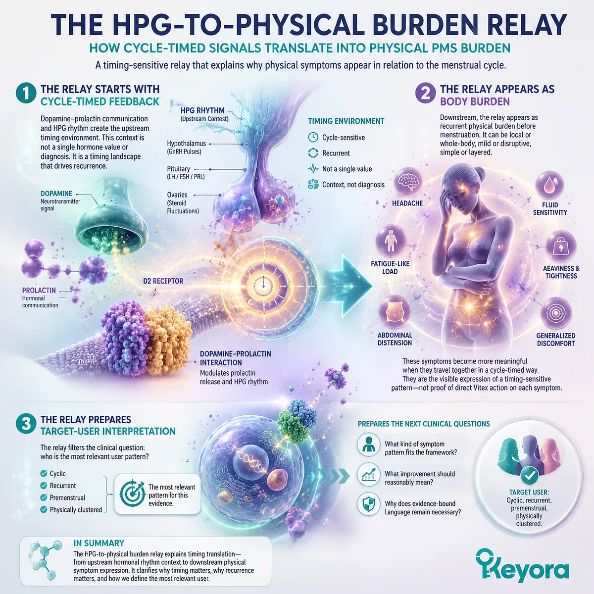 PMS symptoms linked to HPG rhythm and dopamine–prolactin feedback, translating cycle timing into body-level load via Keyora HPG-to-Physical Burden Relay. PMS symptoms linked to HPG rhythm and dopamine–prolactin feedback, translating cycle timing into body-level load via Keyora HPG-to-Physical Burden Relay.