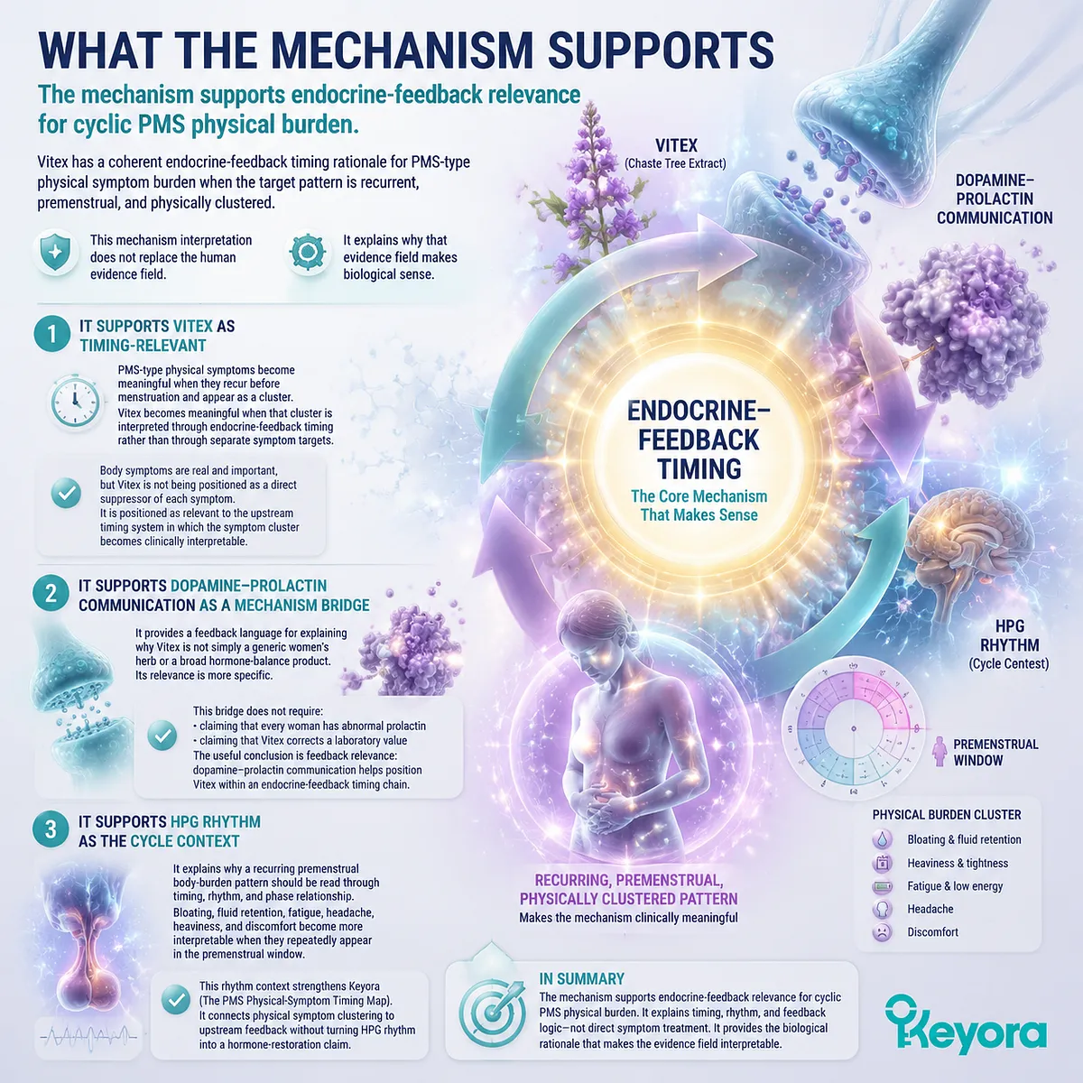 PMS physical burden and hormone balance timing linked to dopamine–prolactin feedback and HPG rhythm, framing Vitex endocrine-feedback relevance within Keyora Physical PMS Timing Chain PMS physical burden and hormone balance timing linked to dopamine–prolactin feedback and HPG rhythm, framing Vitex endocrine-feedback relevance within Keyora Physical PMS Timing Chain