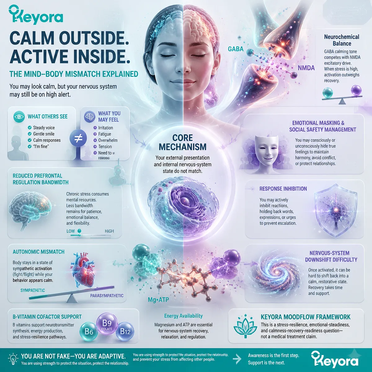stress-related emotional masking and calm presentation under autonomic mismatch, prefrontal regulation limits and GABA/NMDA balance in Keyora MoodFlow Matrix stress-related emotional masking and calm presentation under autonomic mismatch, prefrontal regulation limits and GABA/NMDA balance in Keyora MoodFlow Matrix