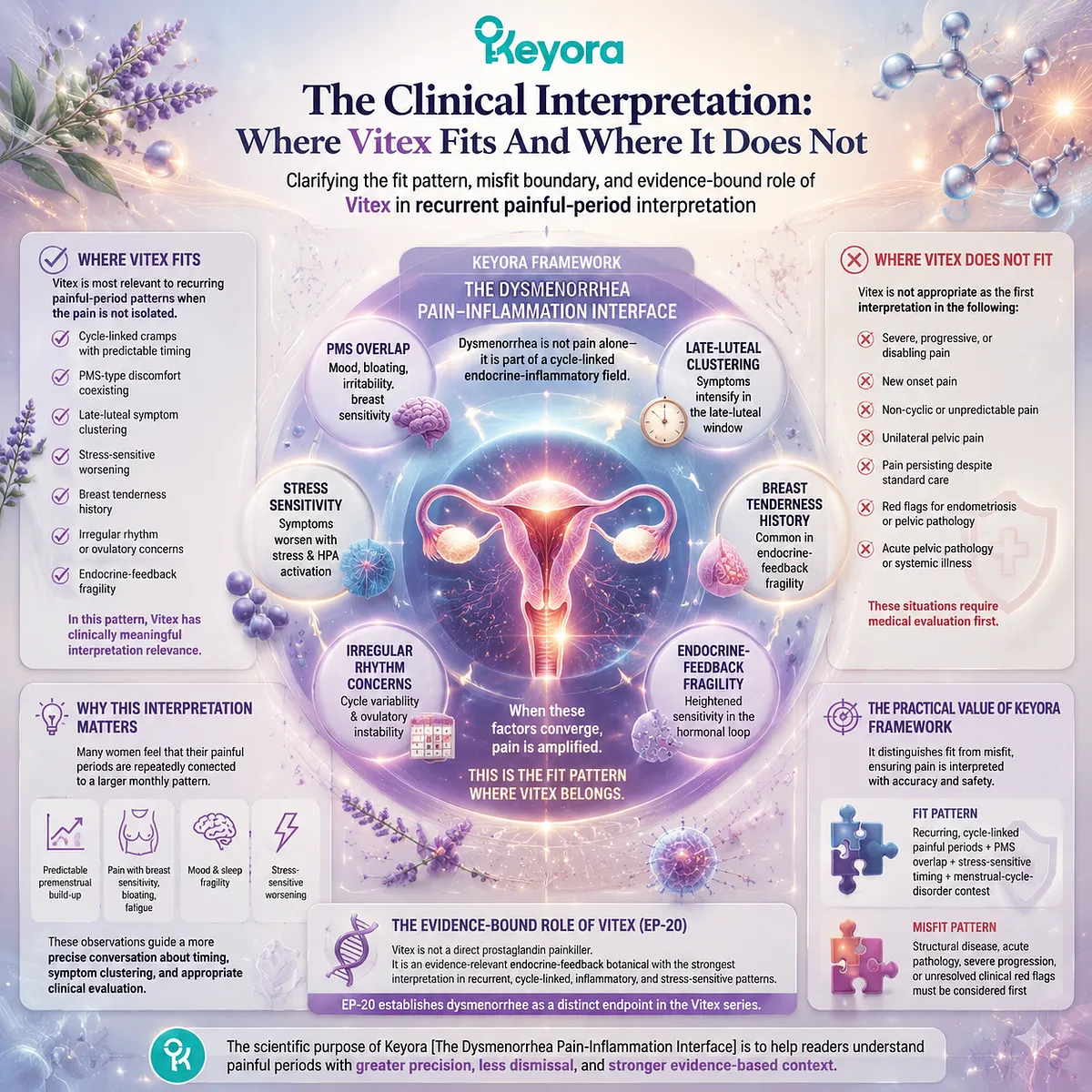 dysmenorrhea menstrual cramps cycle-linked pelvic pain prostaglandin signaling stress-sensitive uterine activity interpreted through Keyora Dysmenorrhea Pain-Inflammation Interface Vitex fit misfit framework for recurrent menstrual symptom patterns dysmenorrhea menstrual cramps cycle-linked pelvic pain prostaglandin signaling stress-sensitive uterine activity interpreted through Keyora Dysmenorrhea Pain-Inflammation Interface Vitex fit misfit framework for recurrent menstrual symptom patterns