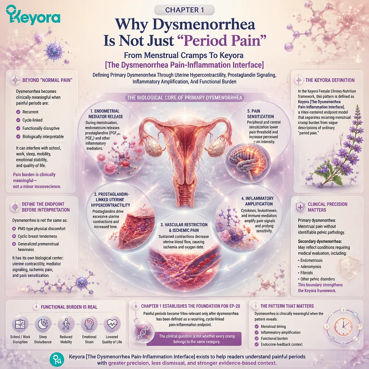 primary dysmenorrhea menstrual pain prostaglandin signaling uterine hypercontractility inflammatory response Keyora Dysmenorrhea Pain-Inflammation Interface maps functional pain burden primary dysmenorrhea menstrual pain prostaglandin signaling uterine hypercontractility inflammatory response Keyora Dysmenorrhea Pain-Inflammation Interface maps functional pain burden