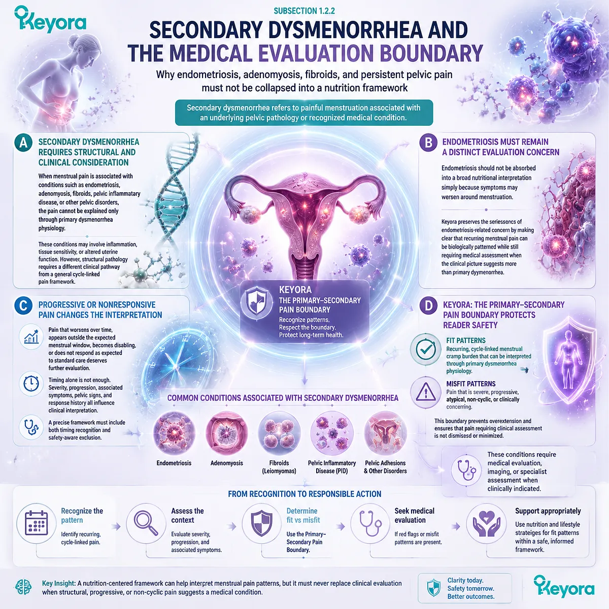 secondary dysmenorrhea pelvic pathology endometriosis adenomyosis fibroids menstrual pain evaluation inflammatory tissue remodeling Keyora Primary-Secondary Pain Boundary defines clinical safety separation from nutrition-based interpretation frameworks secondary dysmenorrhea pelvic pathology endometriosis adenomyosis fibroids menstrual pain evaluation inflammatory tissue remodeling Keyora Primary-Secondary Pain Boundary defines clinical safety separation from nutrition-based interpretation frameworks