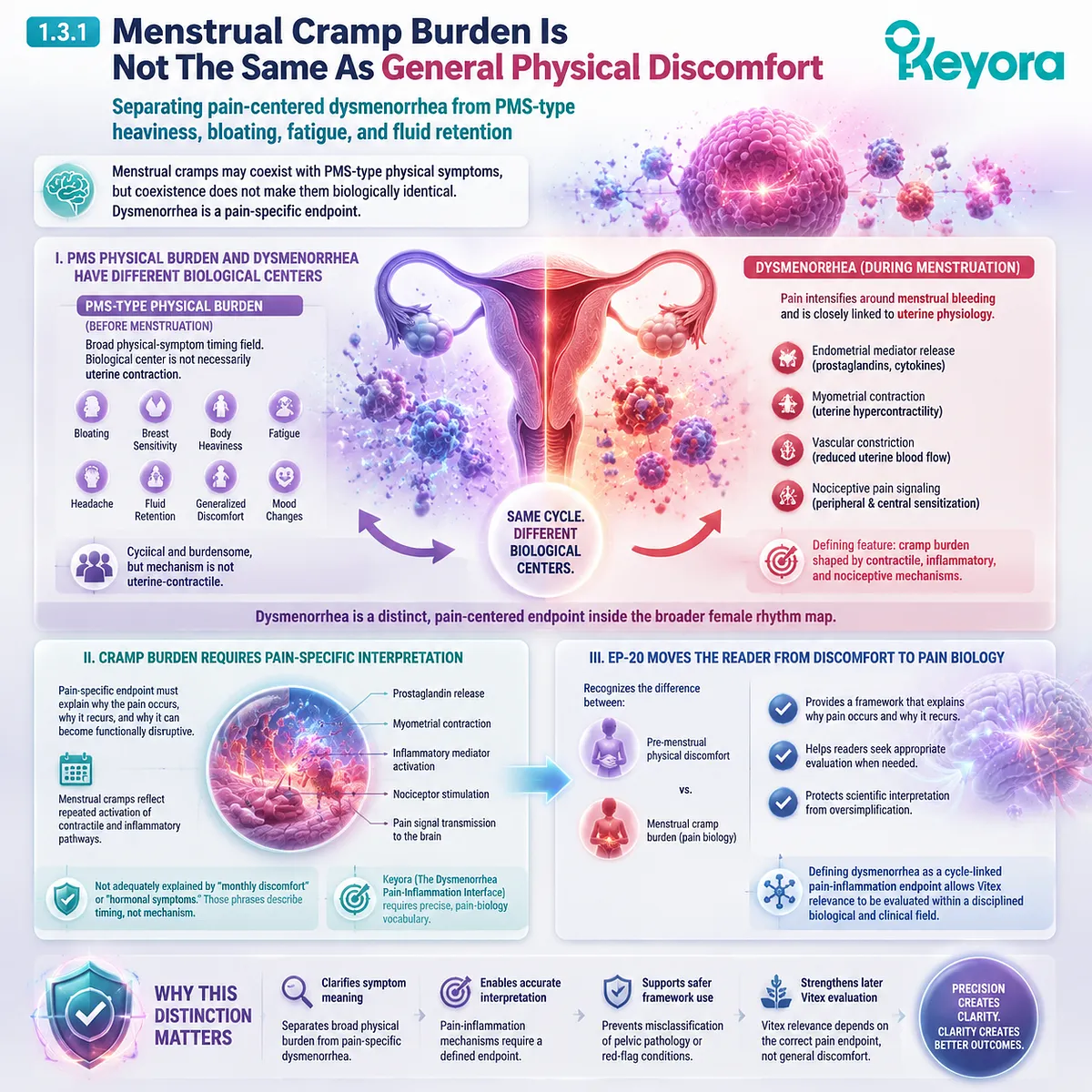 dysmenorrhea menstrual cramps vs PMS physical symptoms bloating fatigue fluid retention prostaglandin uterine hypercontractility inflammatory signaling Keyora Dysmenorrhea Pain-Inflammation Interface defines pain-specific cycle-linked endpoint dysmenorrhea menstrual cramps vs PMS physical symptoms bloating fatigue fluid retention prostaglandin uterine hypercontractility inflammatory signaling Keyora Dysmenorrhea Pain-Inflammation Interface defines pain-specific cycle-linked endpoint